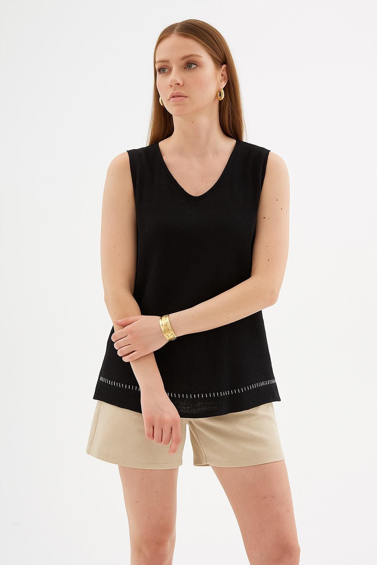 Fashion Friends Kolsuz Nakışlı %100 pamuklu Bluz Siyah