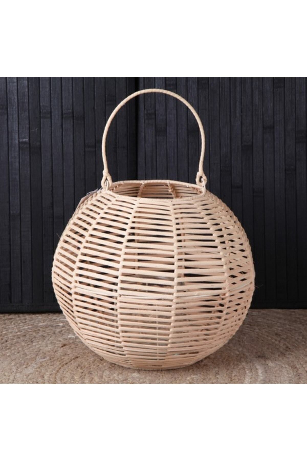 Elioure Doğal Rattan Bambu Yuvarlak Dekoratif Mumluk 28x25 cm
