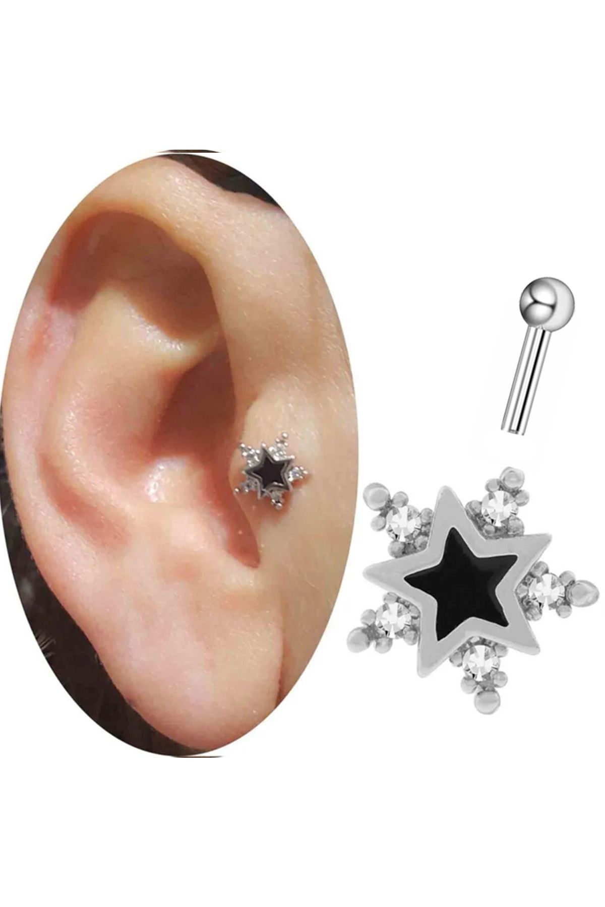 Cadının Dükkanı Taşlı Çelik Yıldız Gold Tragus Helix Kıkırdak Piercing