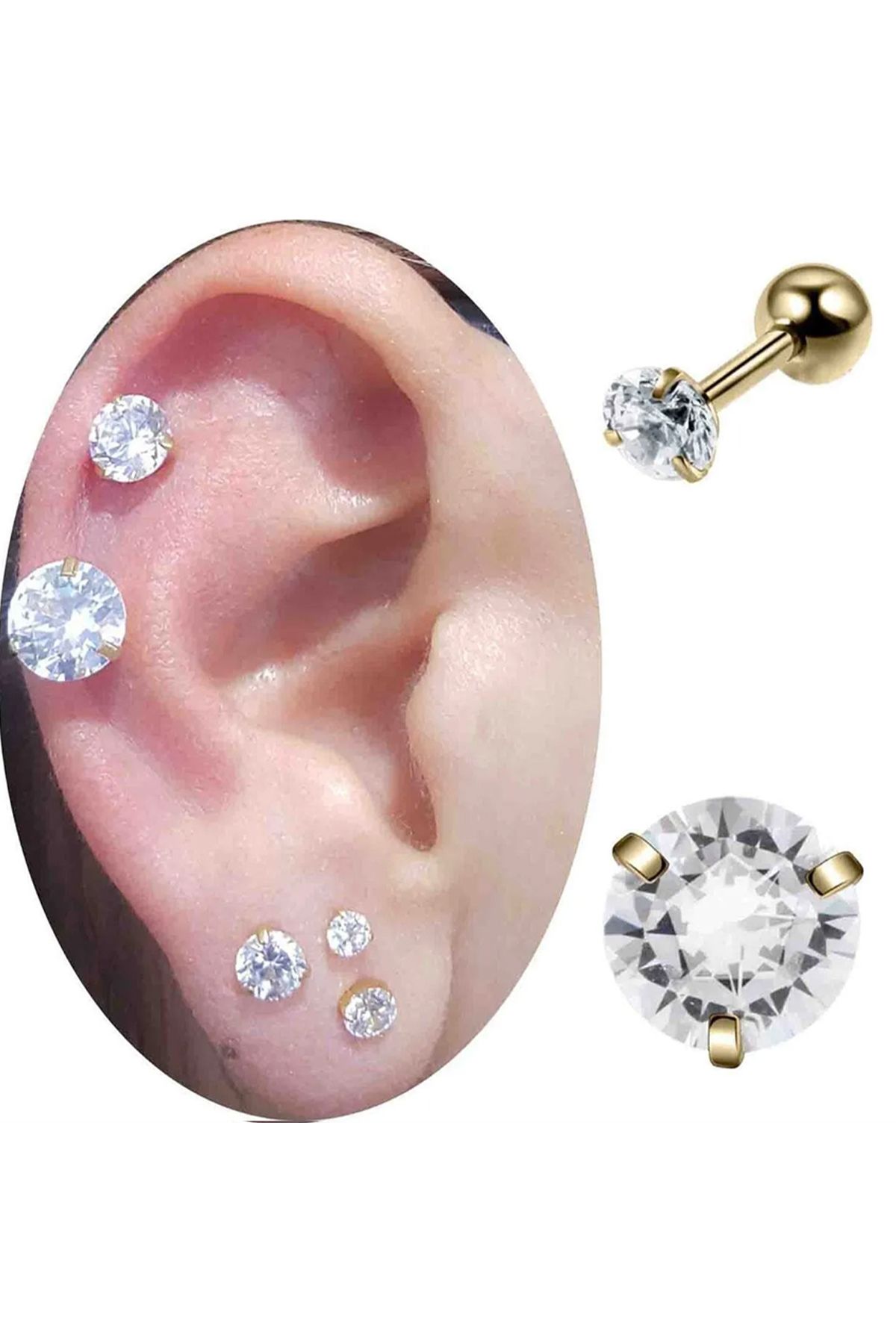 Cadının Dükkanı 7 mm Taşlı Gold Çelik Tragus Helix Kıkırdak Piercing