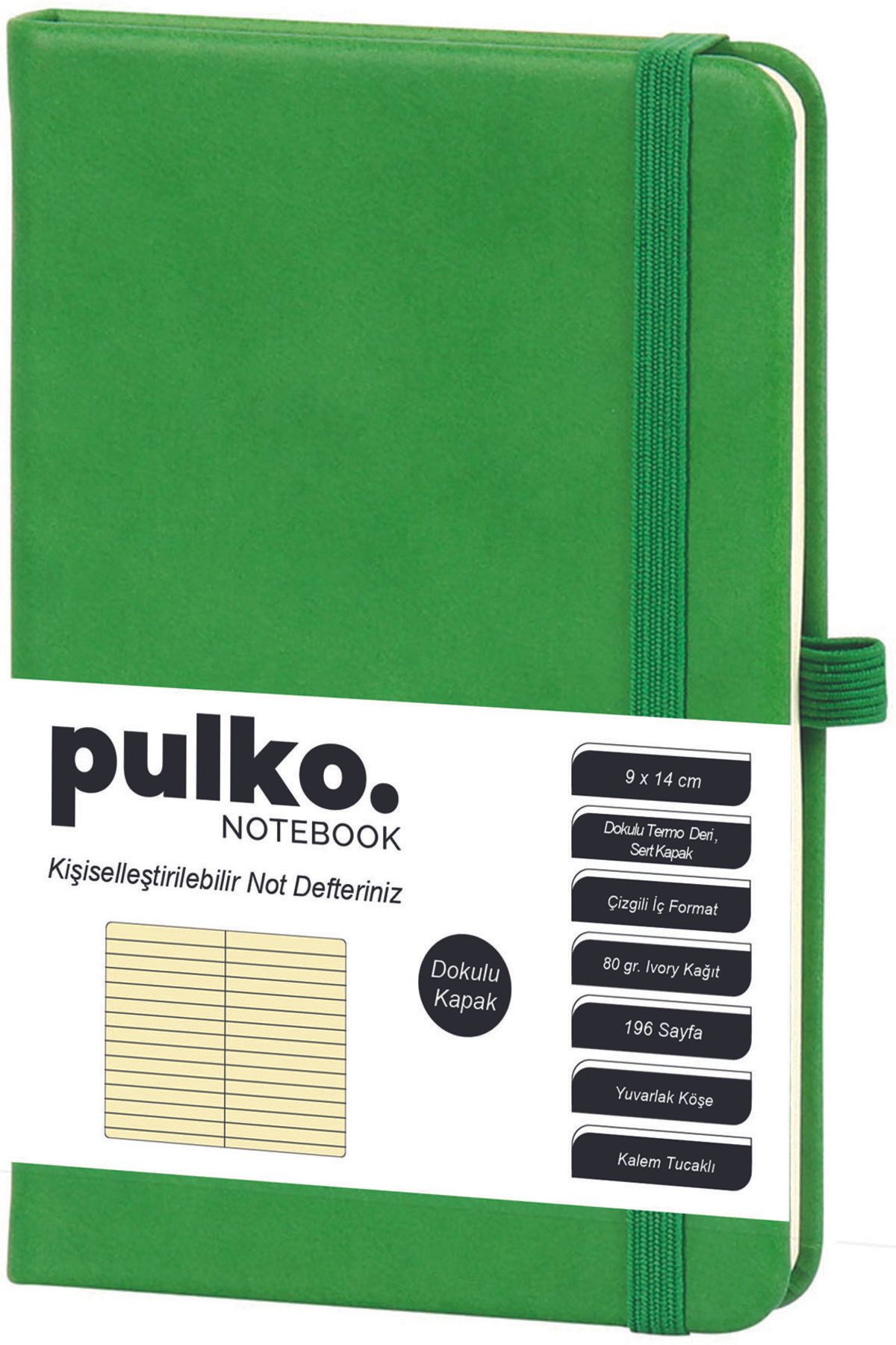 PULKO Notebook Not Defteri, (9x14cm), Termo Deri, Dokulu Sert Kapak, 196 Sayfa, Çizgili, 036, Yeşil