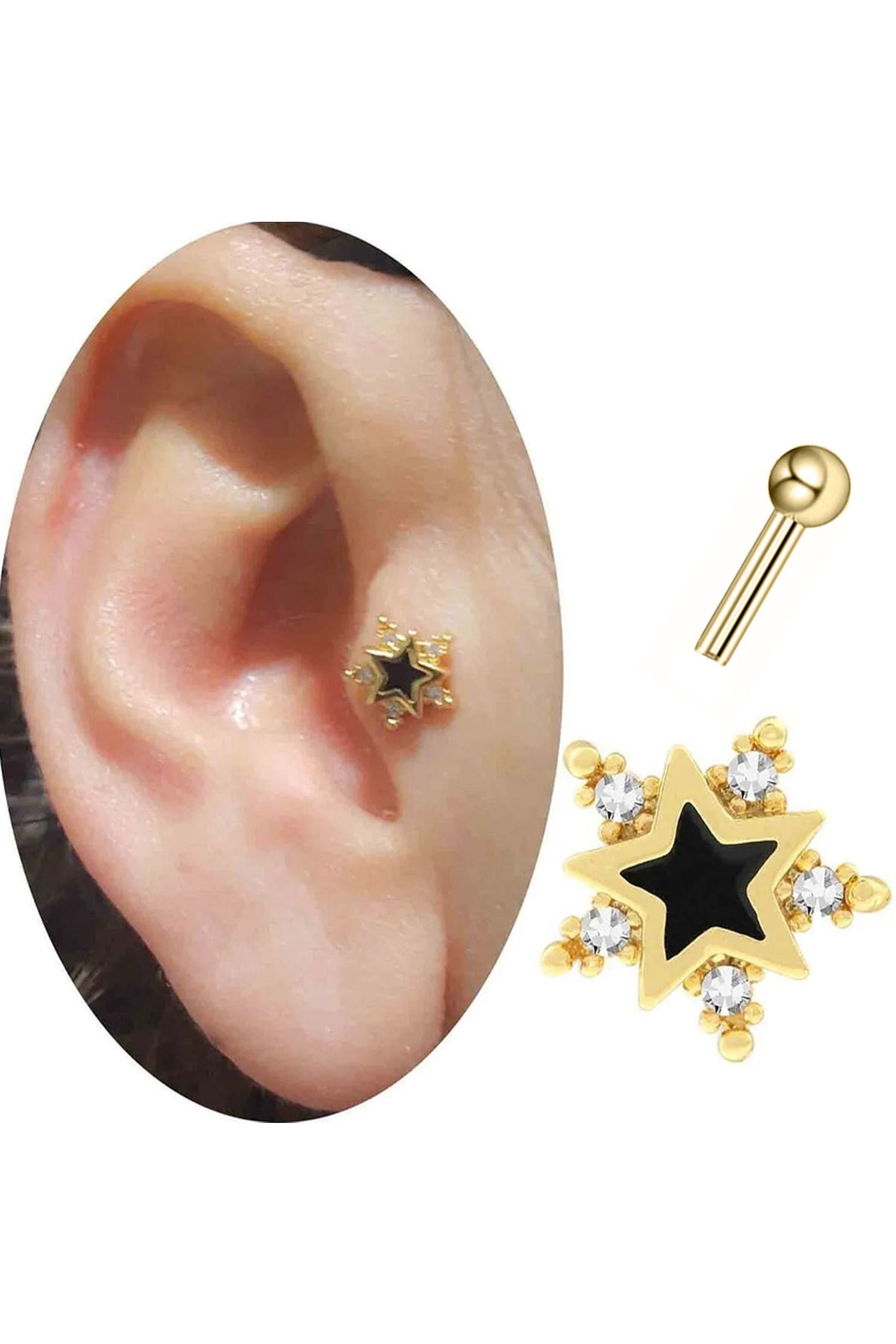 Cadının Dükkanı Taşlı Çelik Yıldız Tragus Helix Kıkırdak Piercing
