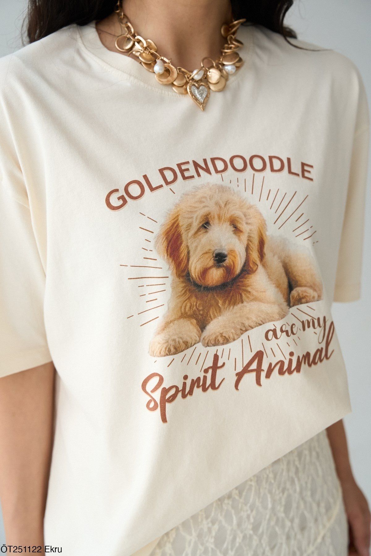 Qu Style Köpek Grafik Baskılı Oversize T-shirt Krem