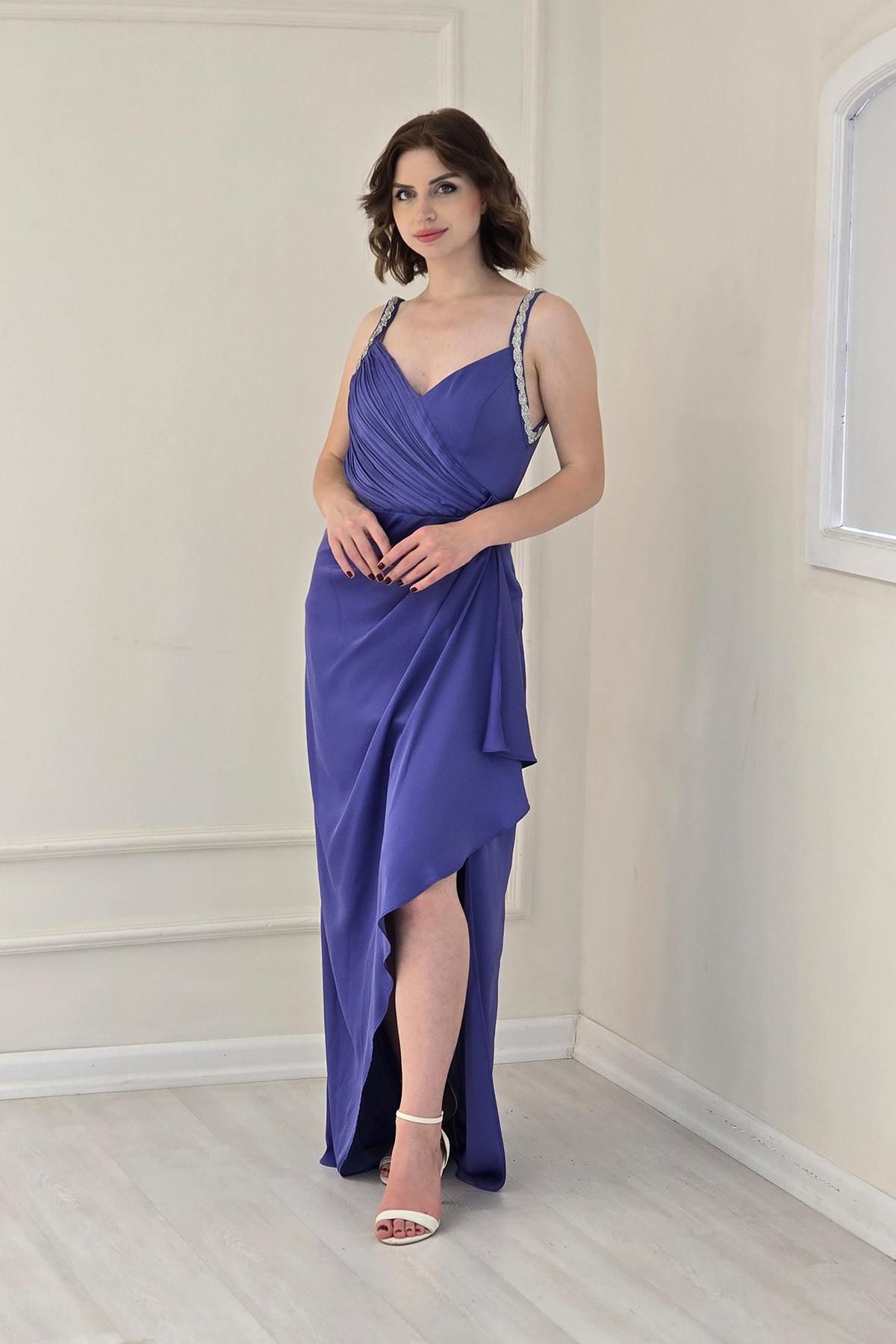 Yonca Moda Evi Lila Drapeli Askısı Taşlı Yırtmaçlı Abiye 58378
