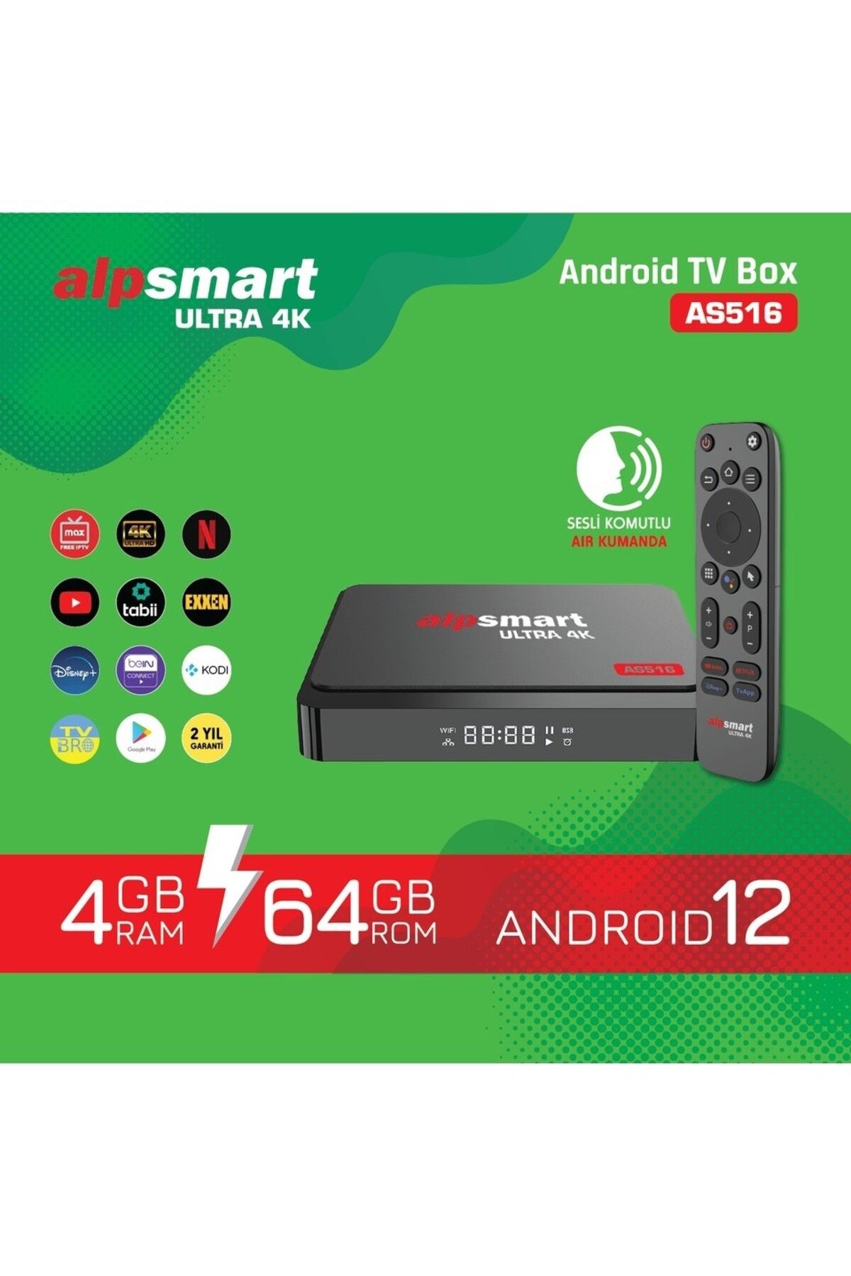 rmz Alpsmart AS516 Android Tv Box 4 GB Ram 64 Hafıza Android 12 Ses Komutlu Air Kumanda