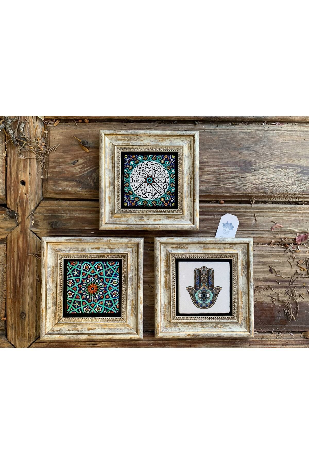 Elioure Çerçeveli Taş Duvar Dekoru Seti 20x20 cm, 3'lü, Çini Desenli, 2 Adet