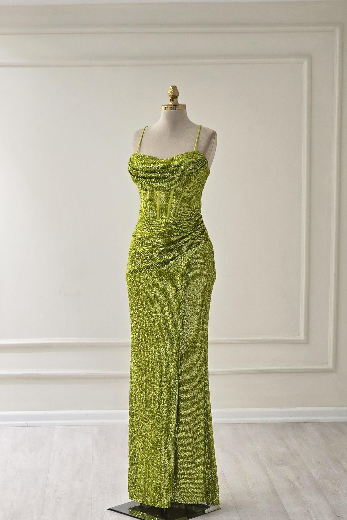 Yonca Moda Evi Yağ Yeşili Payetli Önü Balenli Yırtmaçlı Abiye 01327
