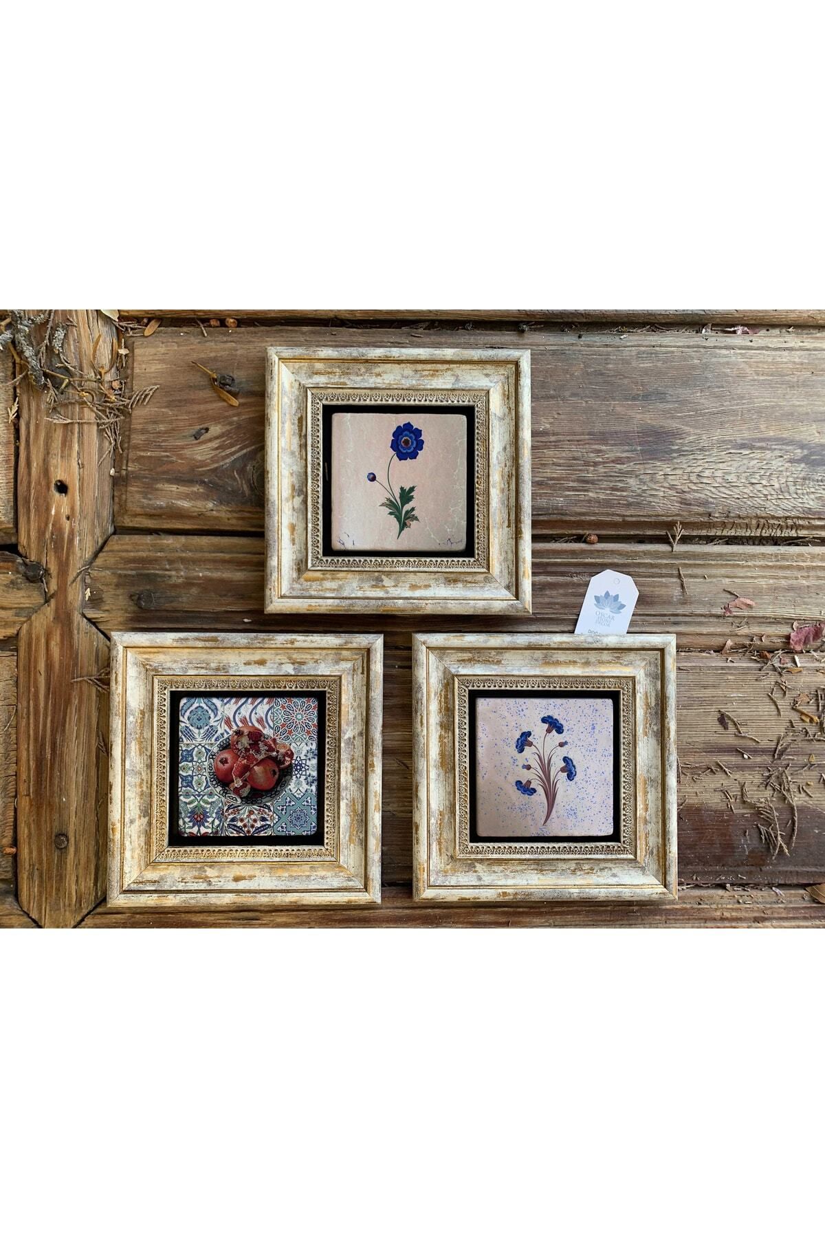 Elioure 3'lü Taş Çerçeveli Duvar Dekoru, 20x20 cm, Ebruli Çiçek ve Nar Tasarımı