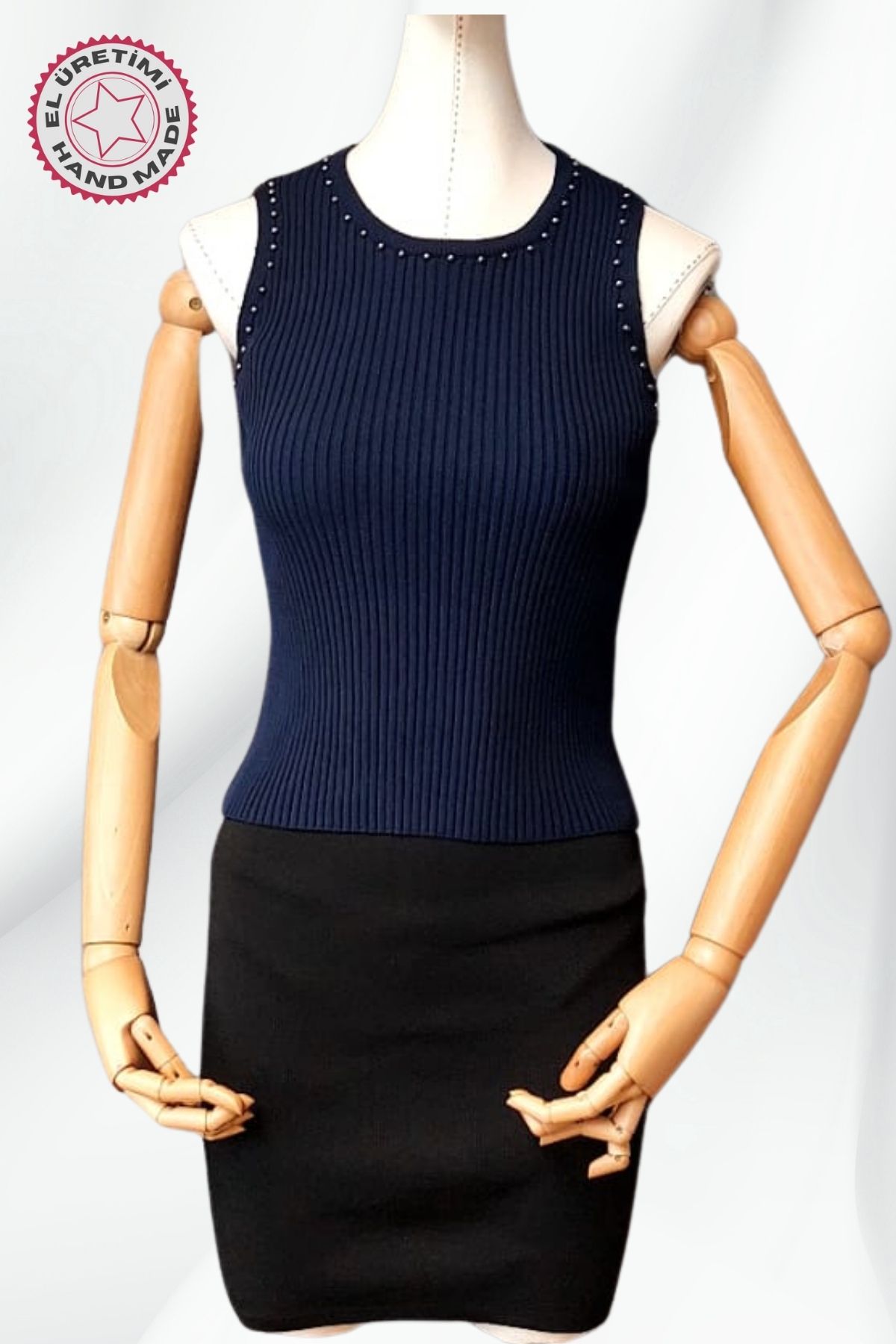 Uretti - Yıldız 7202 6921 Halter Yaka Boncuk İşlemeli Lacivert Bluz - 38/40