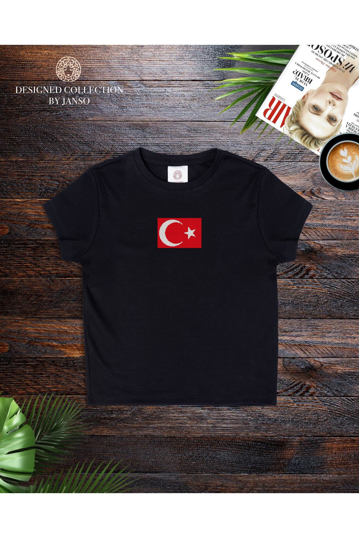 JANSO GROUP - KADIN KISA KOLLU CROP TSHIRT TÜRKİYE TÜRK BAYRAĞI BASKILI PAMUKLU
