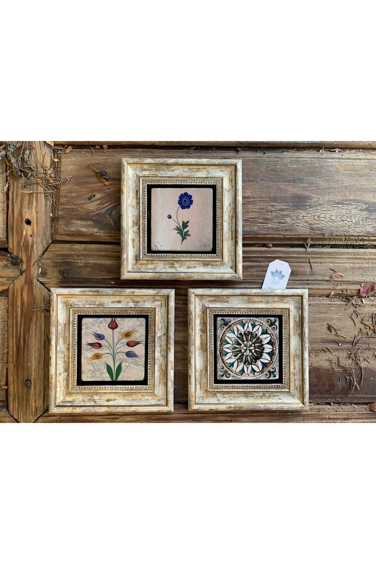 Elioure Ebruli Çiçek Desenli Taş Duvar Dekor Seti, 20x20 cm, 3'lü Paket