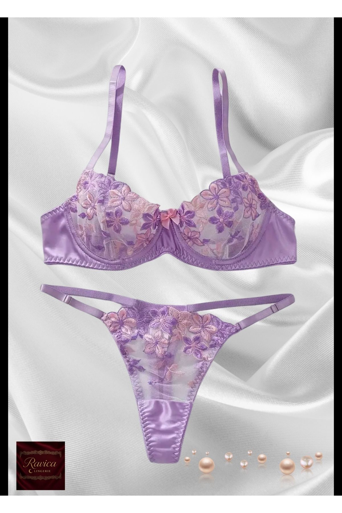 Ravica Lingerie Elise dantelli balenli çiçekli lila iç çamaşır takımı