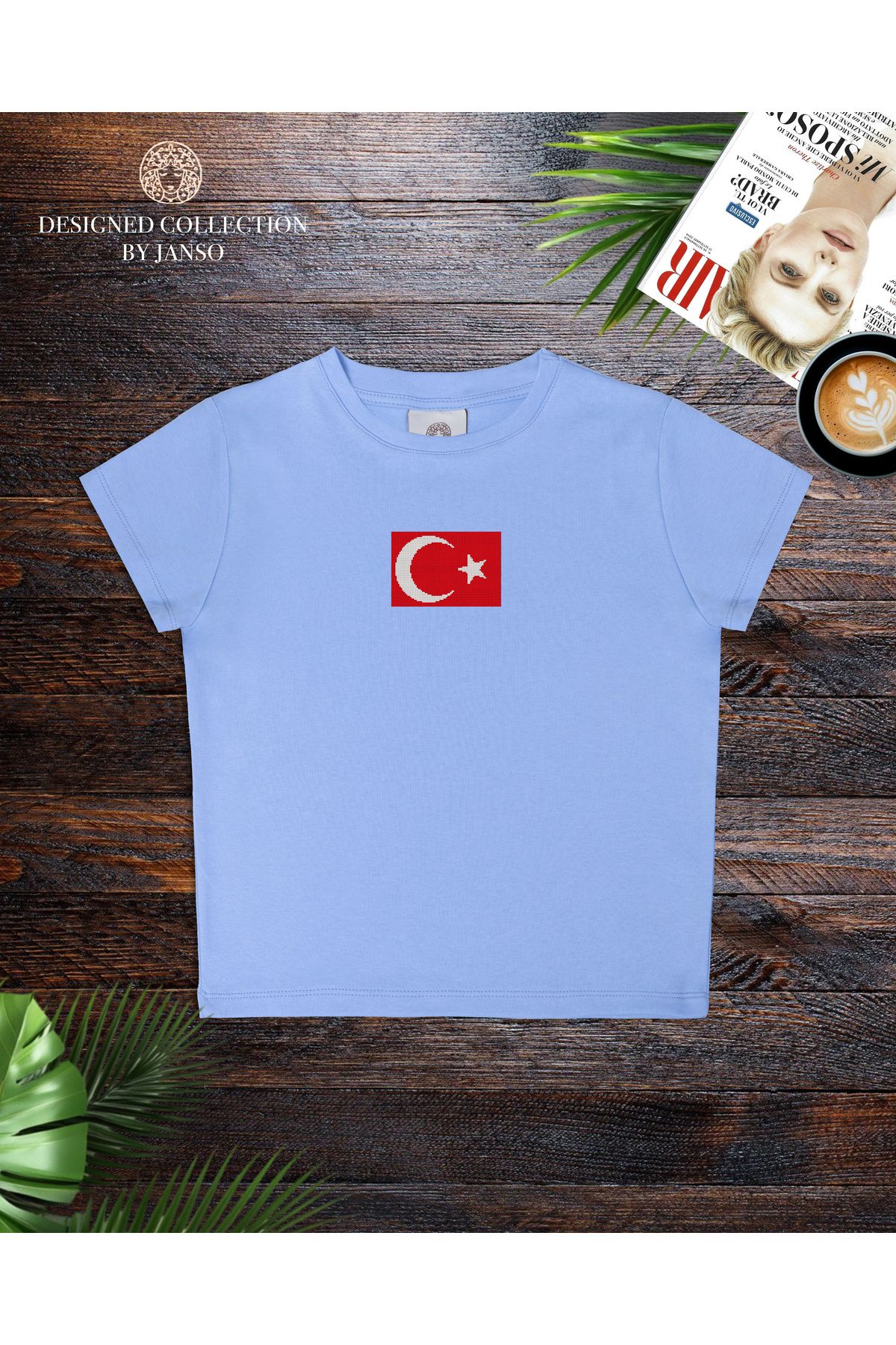 JANSO GROUP - KADIN KISA KOLLU CROP TSHIRT TÜRKİYE TÜRK BAYRAĞI BASKILI PAMUKLU