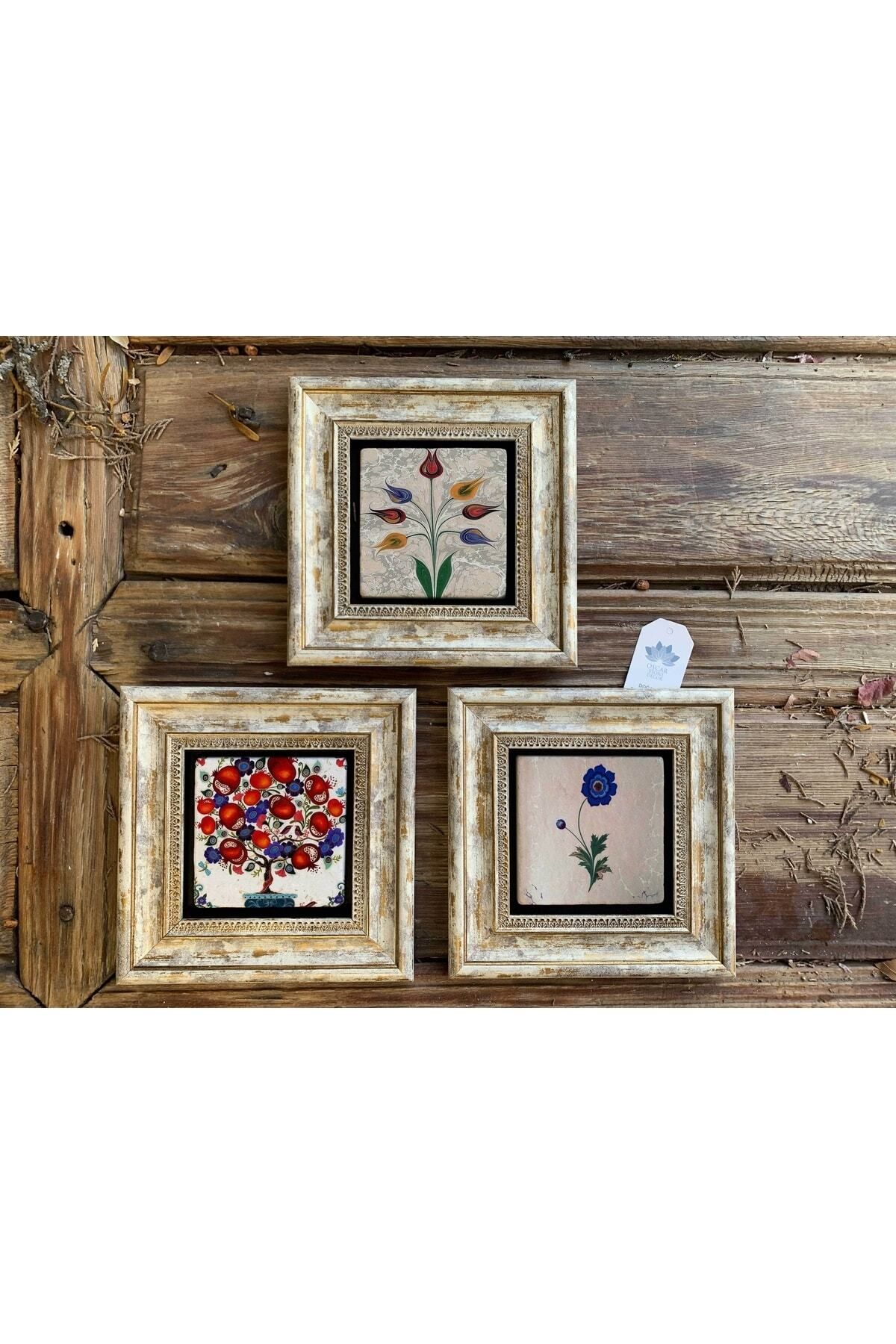Elioure Ebruli Çiçekli Taş Duvar Dekoru 3'lü Set 20x20 cm