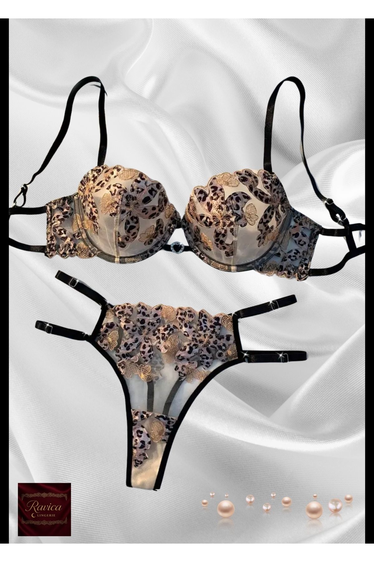 Ravica Lingerie Raya leopar dantel detaylı balenli iç çamaşır takımı