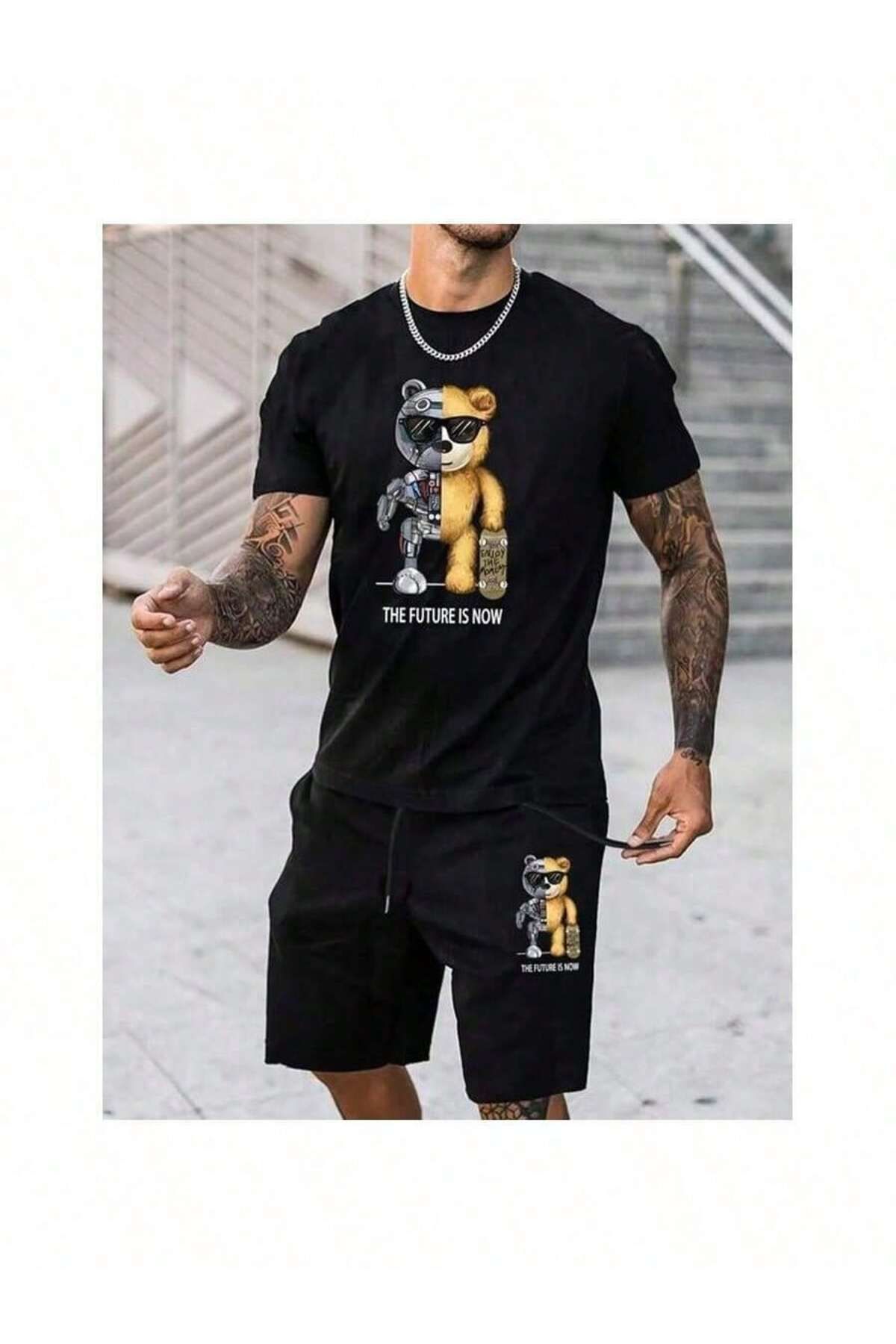 aynewmoda Erkek Yazlık Rahat Kısa Kollu Yuvarlak Yaka Ayı Baskılı Tişört ve Ayarlanabilir Bağcıklı Şort Takımı