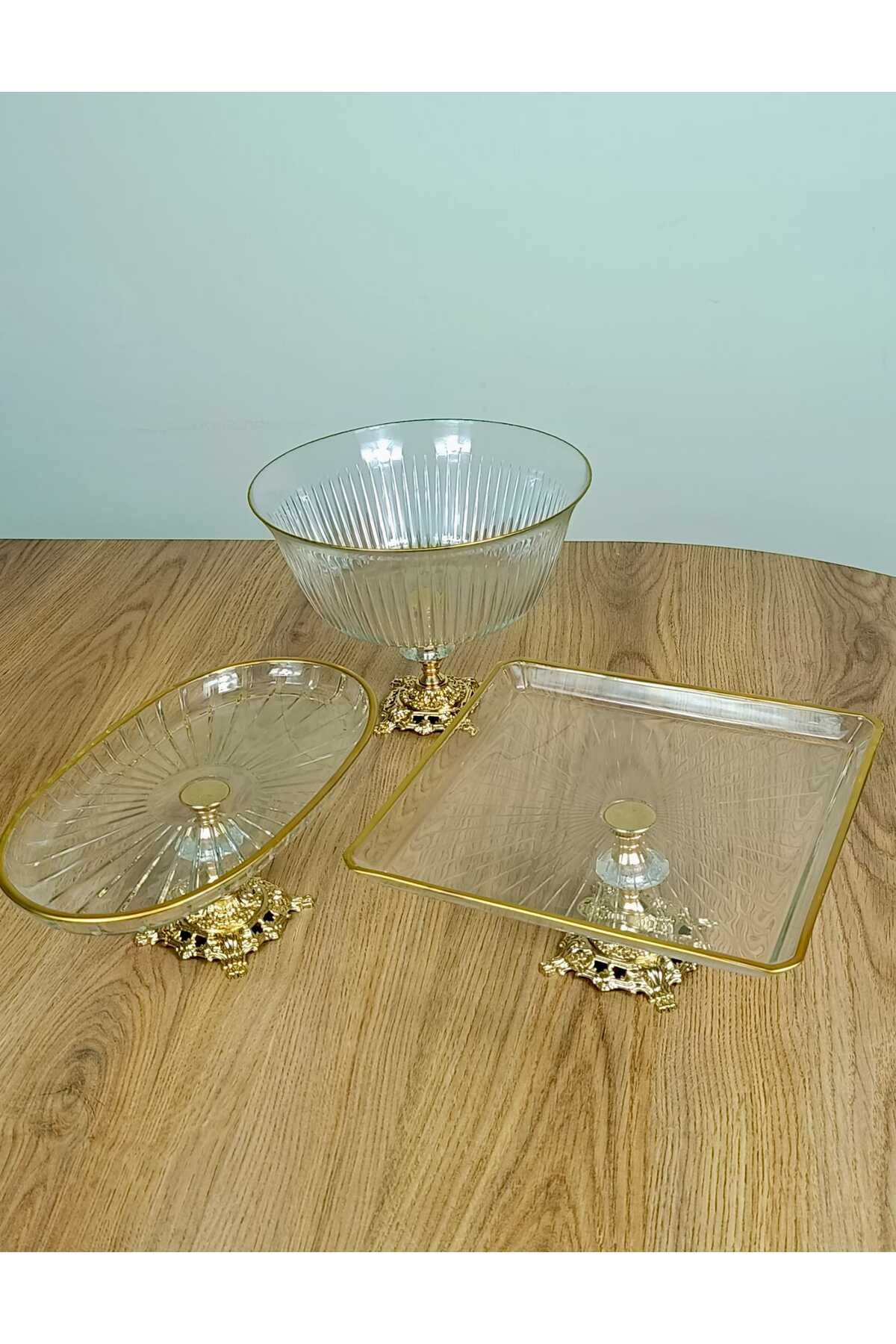 Elta Collection Gold Detaylı Metal ayaklı 3 parça sunum ve servis seti