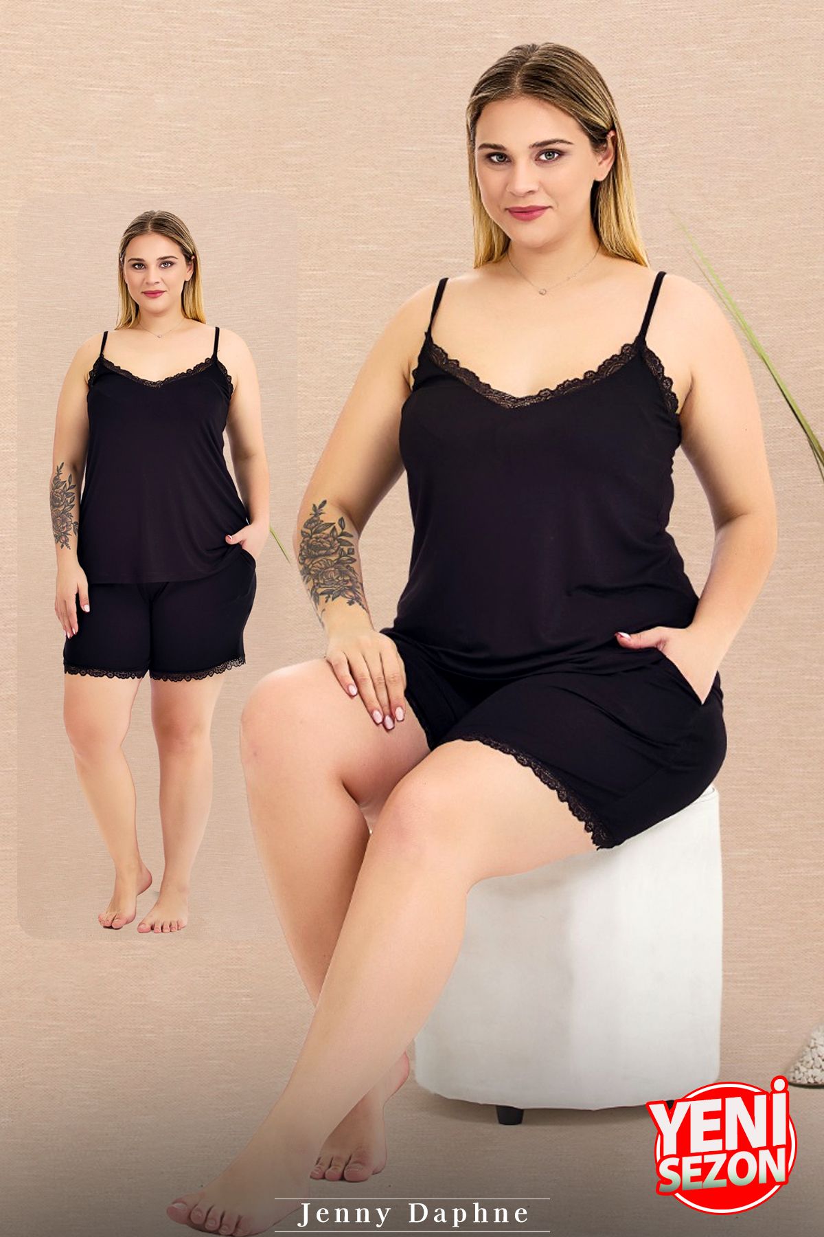Jenny Daphne Lady büyük beden Siyah Renkli İnce Askılı Dantelli Şortlu pijama takımı 10445
