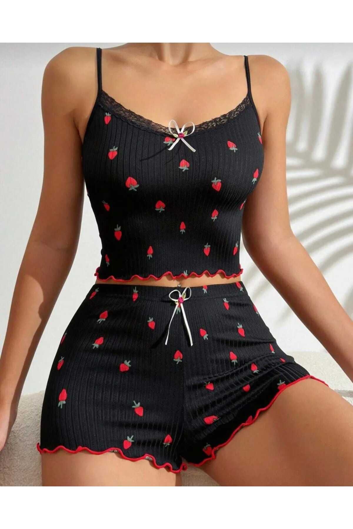 LA VIOR STYLE LA VIOR Kadın Baskılı Dantelli Likralı Gecelik Şort Takım Strawberry