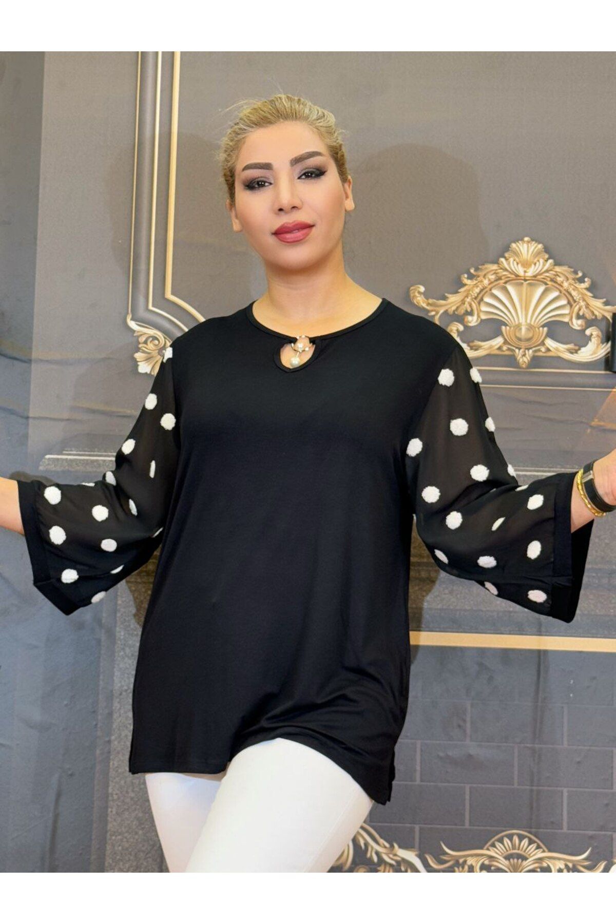 Yeşilmoda bluz,Şifon kollu,Günlük,Penye pamuk iplik Tunik yarasa kol Siyah Desenli kollar