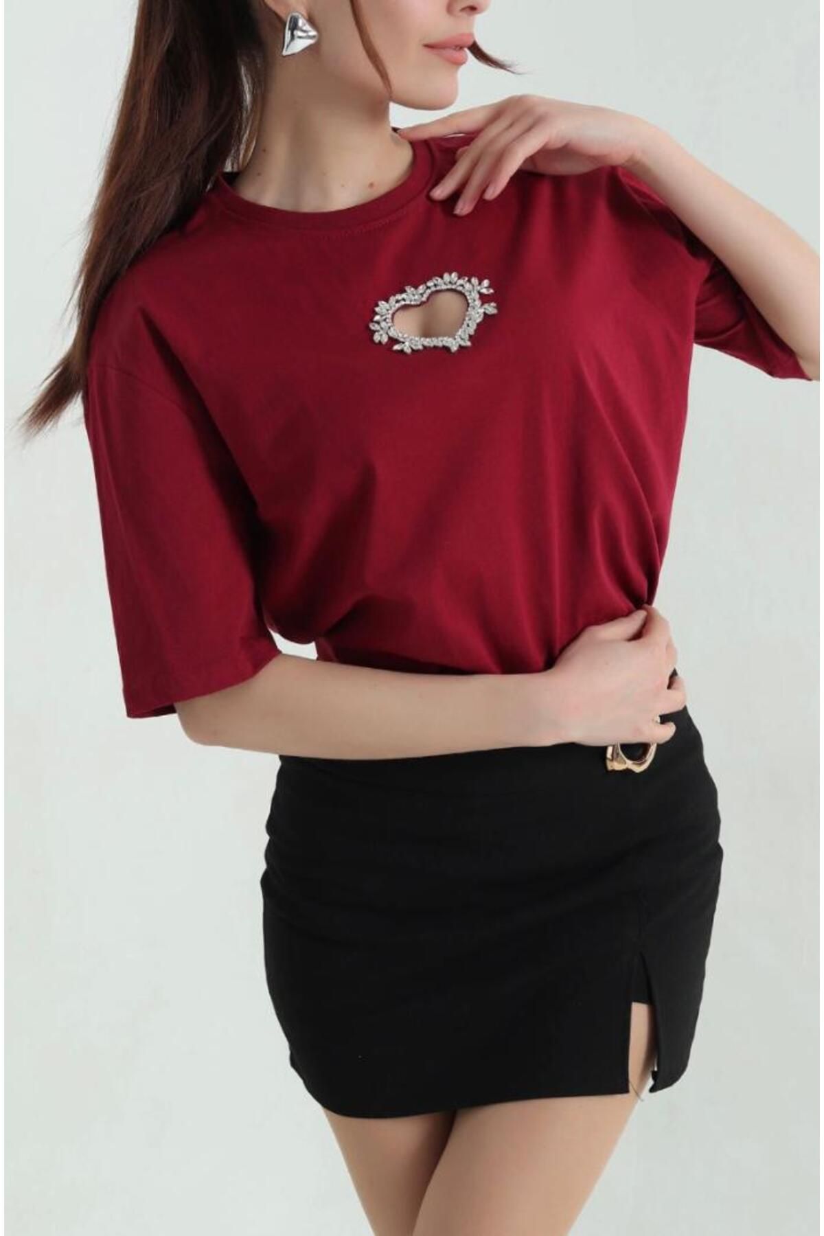 Oğuzhan Tekstil Kadın Bordo Kalp Taş Detaylı Oversize Süprem T-shirt
