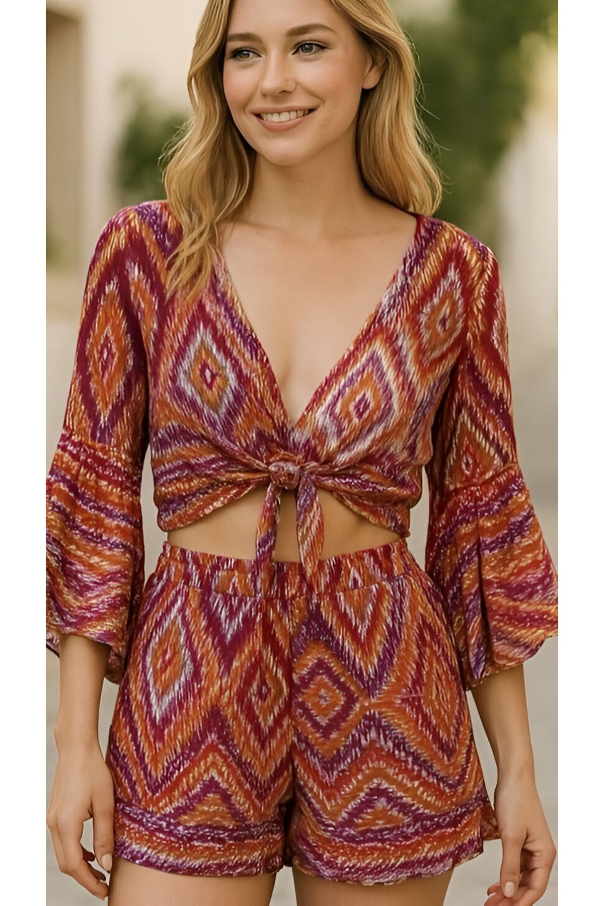 VOGUEMET Kadın Desenli Viskon Şortlu Crop Takım | Yazlık Renkli 2’li Set | Rahat Kalıp
