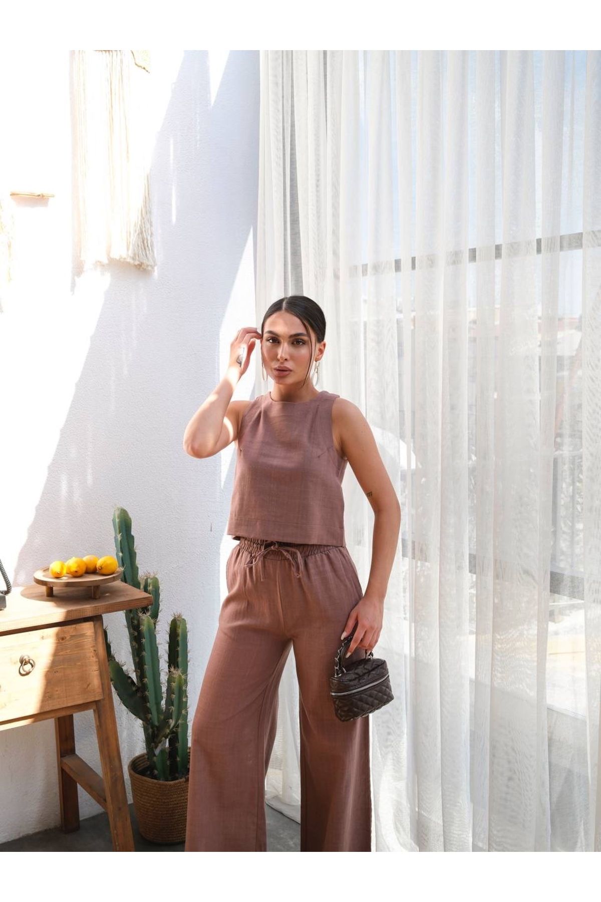 moda paketi Kadın Keten Bluz ve Pantolon Takım