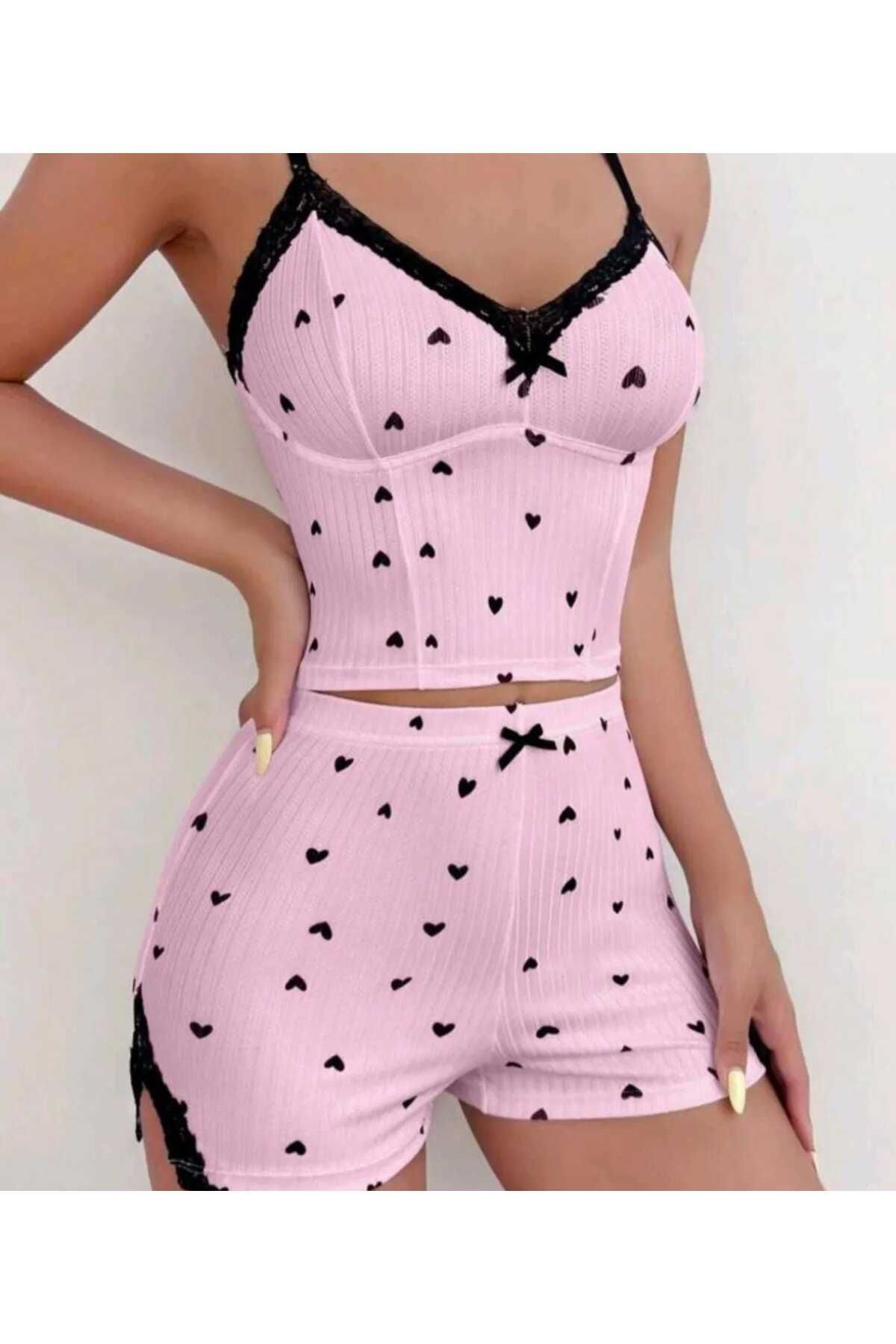 LA VIOR STYLE LA VIOR Siyah Kalp Desenli Gecelik Takım
