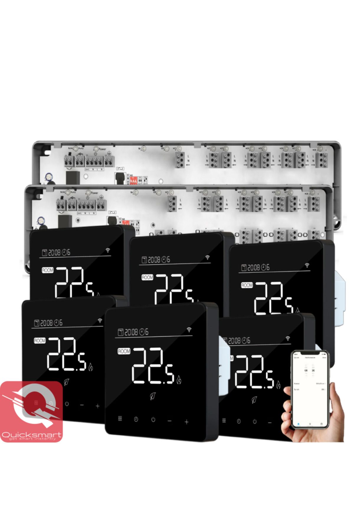 Quicksmart-Kit Automatizare Incalzire Pardoseala Q10, Controler pardoseala 2x 8 zone, 6x Termostat cu fir Q40, 2