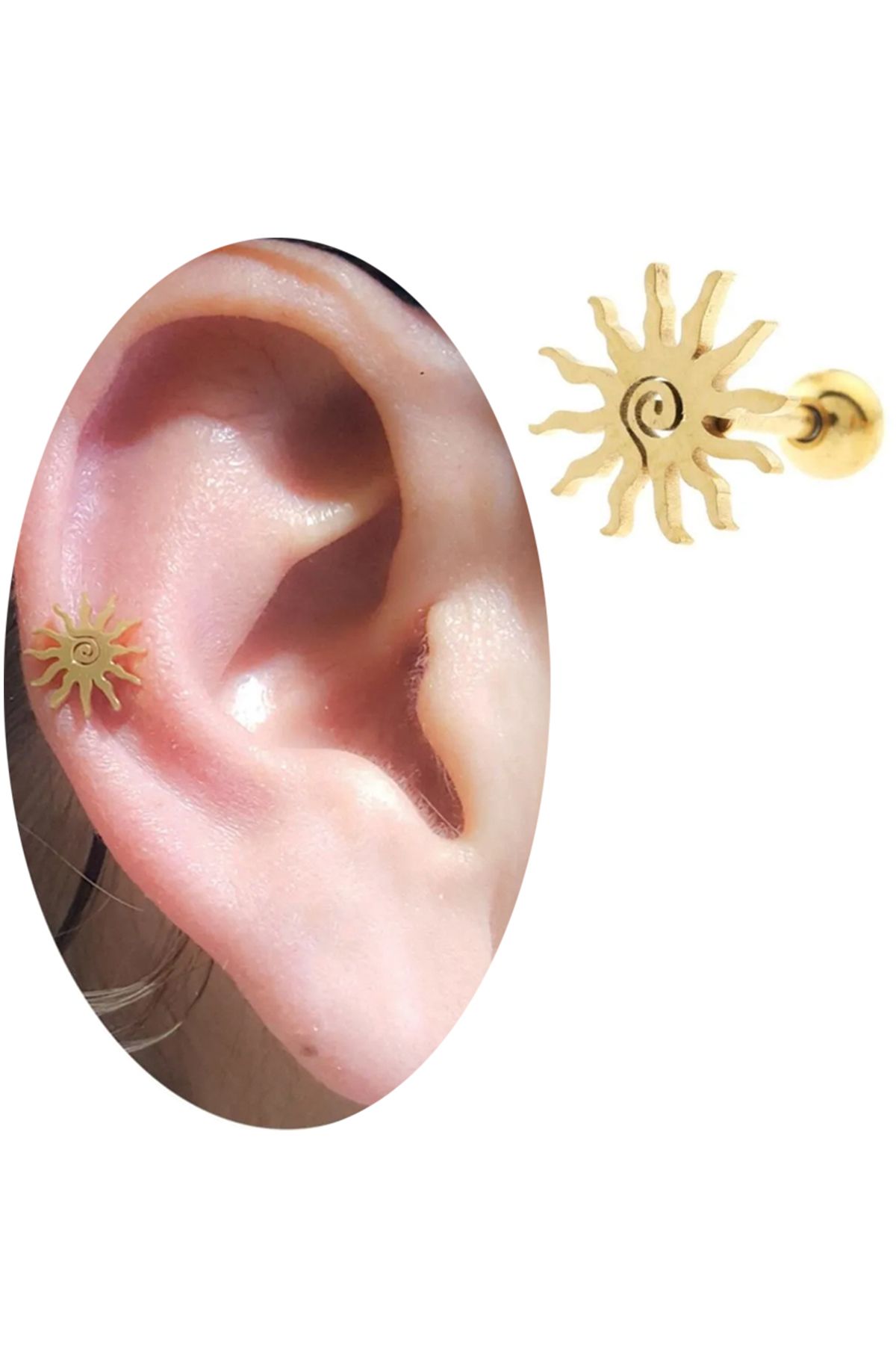 Cadının Dükkanı Çelik Güneş Gold Tragus Helix Kıkırdak Piercing