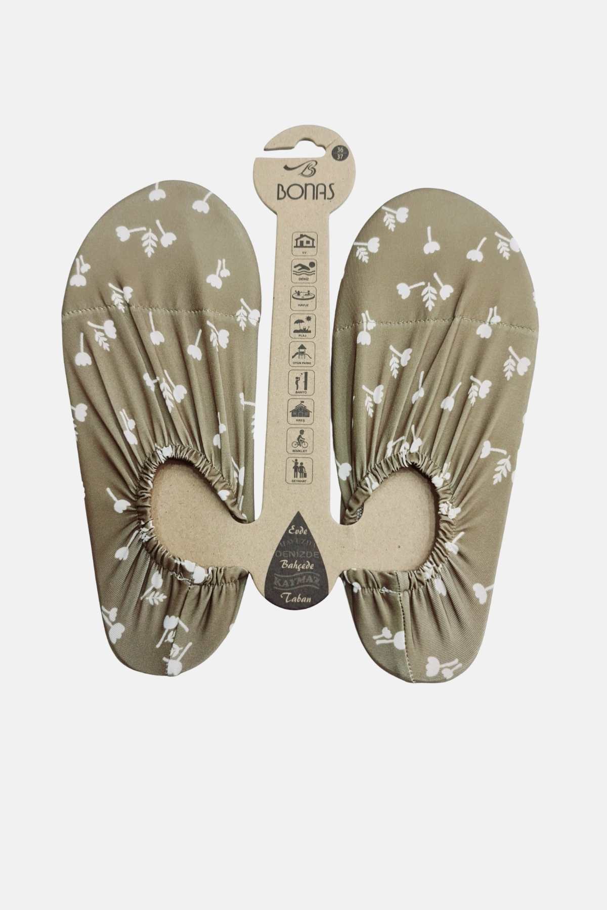 Bonas Haki Çiçek Desenli Kaydırmaz Taban Kadın Deniz ve Havuz Ayakkabısı