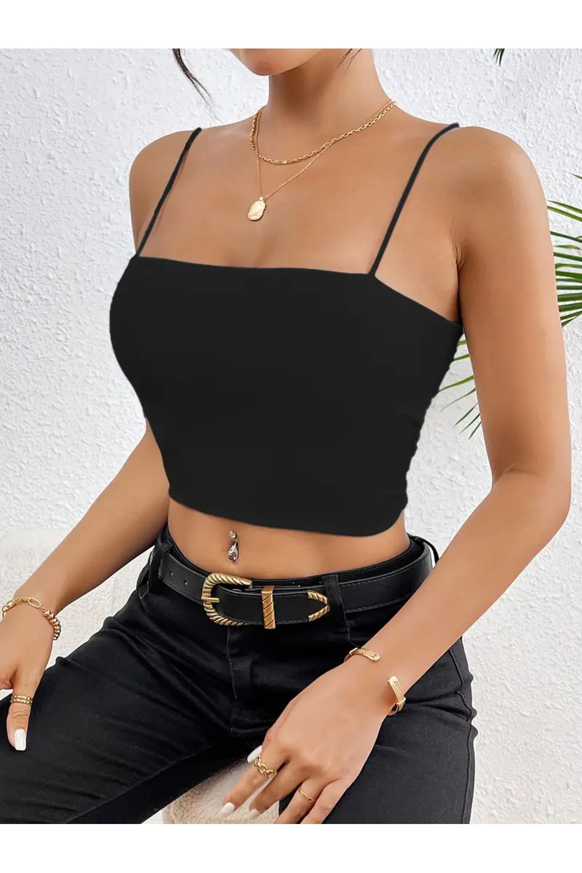Spenly İp Askılı Siyah Büstiyer Crop