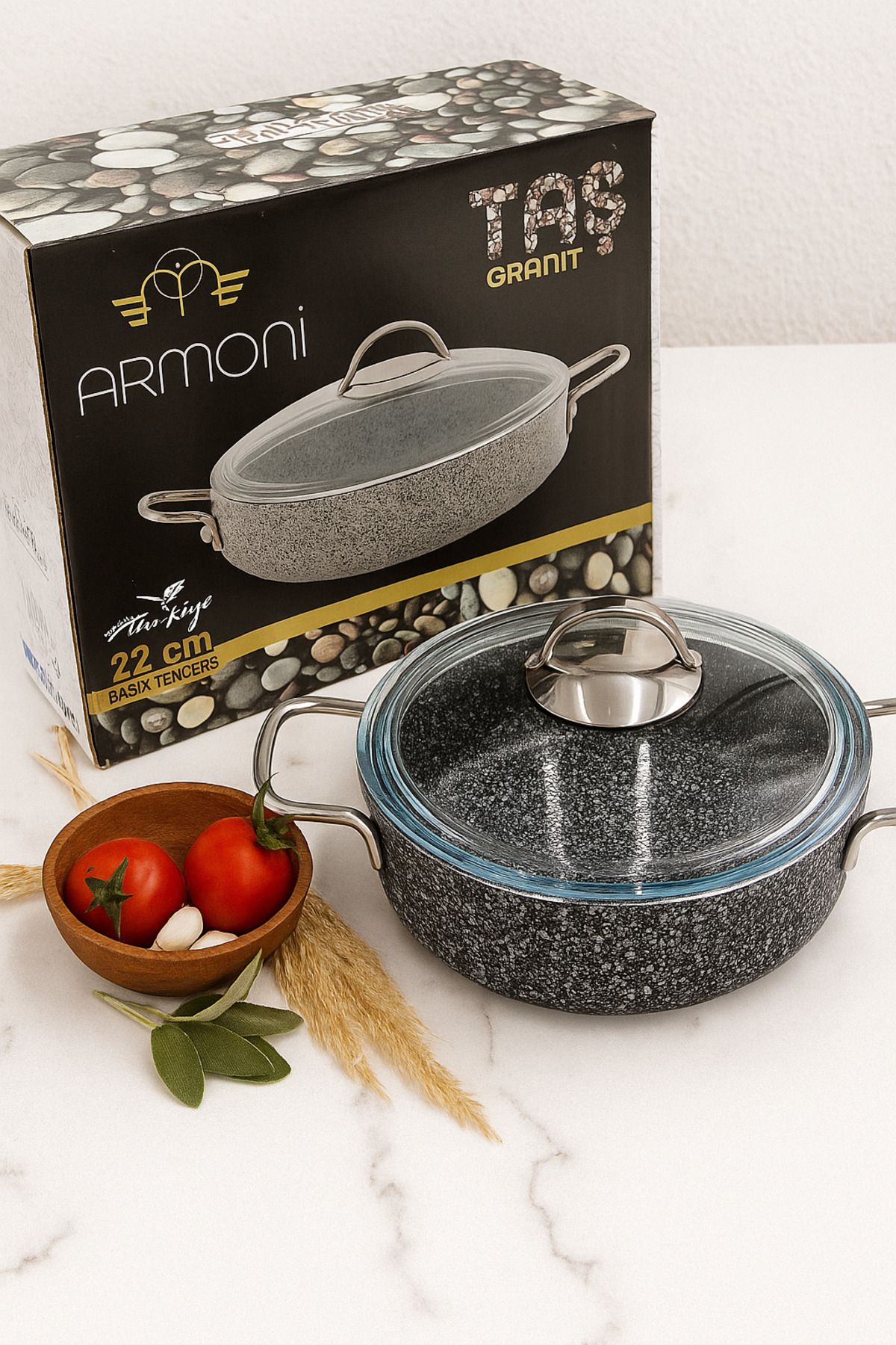 Armoni Taş Granit 22 CM Basık Pilav Tenceresi – Yanmaz Yapışmaz, Döküm Granit - Kaliteli Ürün