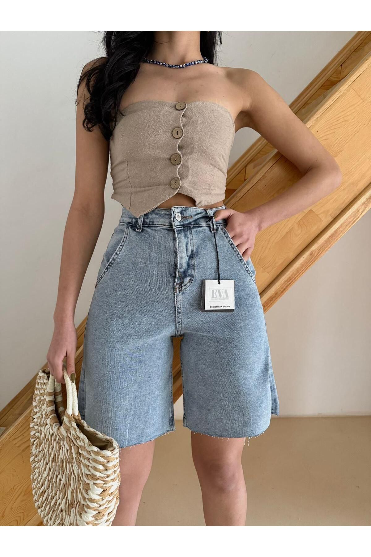moda paketi Trendy Mom Fit Bermuda Jean - Açık Mavi
