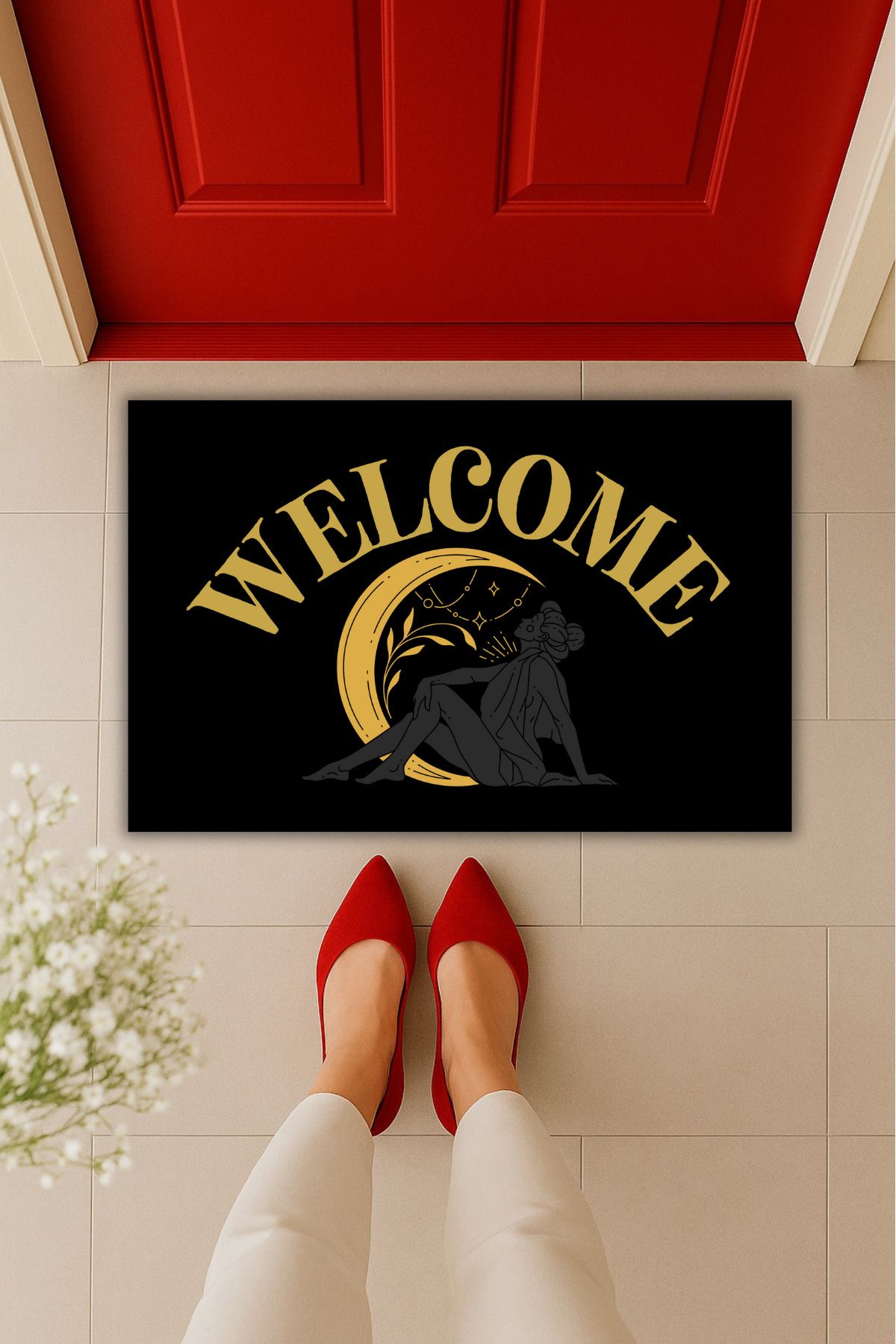 Dormot Home Yüksek Kaliteli Dijital Baskı Ay ve Kadın Figürlü Welcome Kapı Önü Paspası