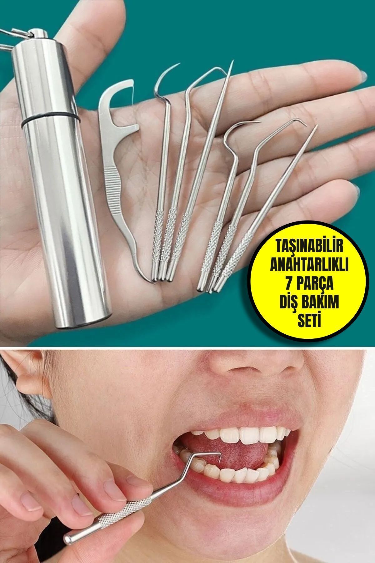 zerzembe 7 Parça Anahtarlıklı Paslanmaz Çelik Diş Tartar Sökücü Diş Temizleme Kiti Tartar Kireç Temizleyici