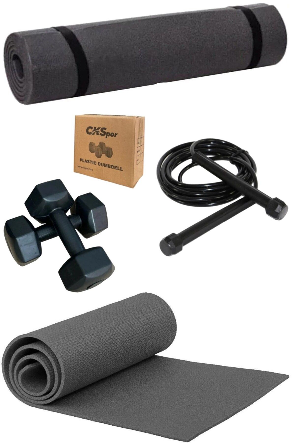 CKSpor Süper Set Siyah Yoga Pilates Matı + Atlama İpi + 1x2 Siyah Dambıl