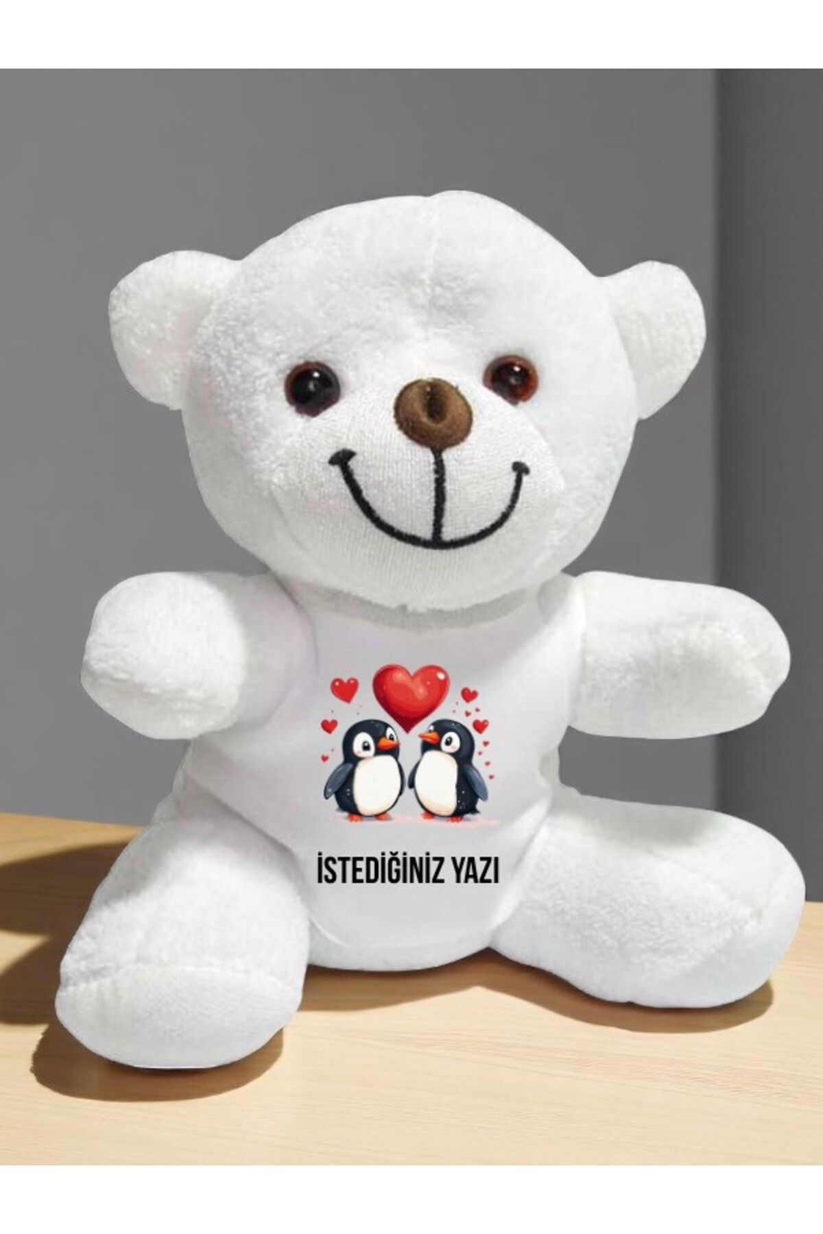 lili hediyelik Kalpli Penguen Temalı İstediğiniz Yazı Baskılı 20 cm Beyaz Peluş Ayıcık