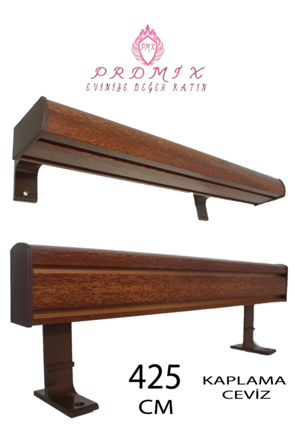 PERDE Mix 425 CM CEVİZ VİP Dekoratif Perde Ray Kornişi Alüminyum 2 Kanallı 10 cm Orijinal Alüminyum Ayaklı