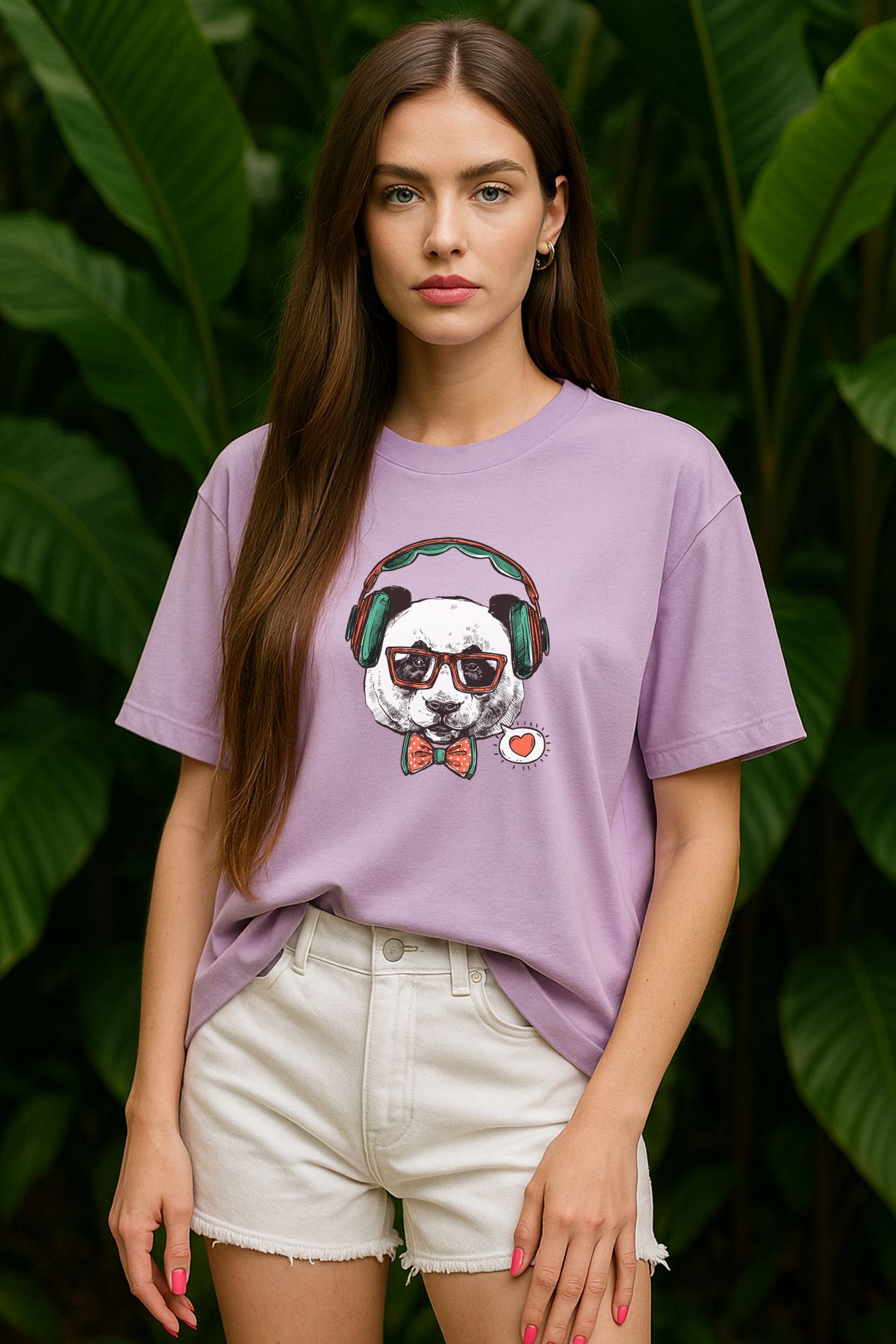 TARZ STİL Kadın Oversize Papyonlu Panda Baskılı Kısa Kollu Trend Tişört 12489