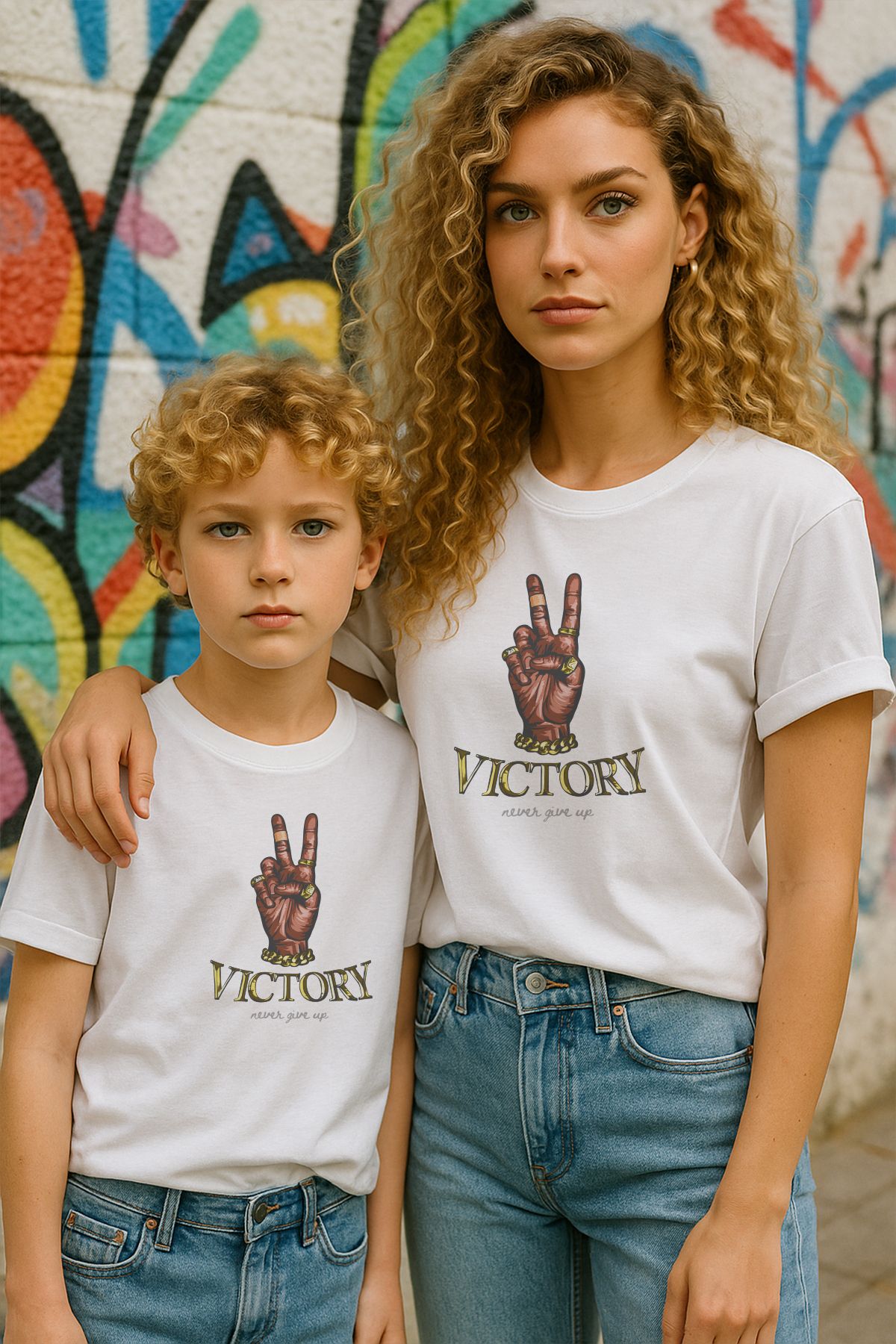 TARZ STİL Anne Oğul Uyumlu Victory Baskılı Trend Tişört 12996