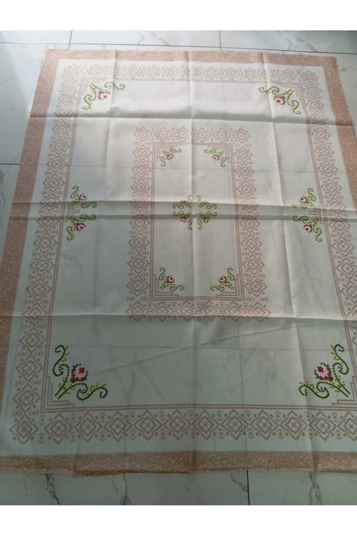 Elisam 4 Kişilik Dertsiz Leke Tutmaz Masa Örtüsü (Kahve Desenli Kanaviçeli)
