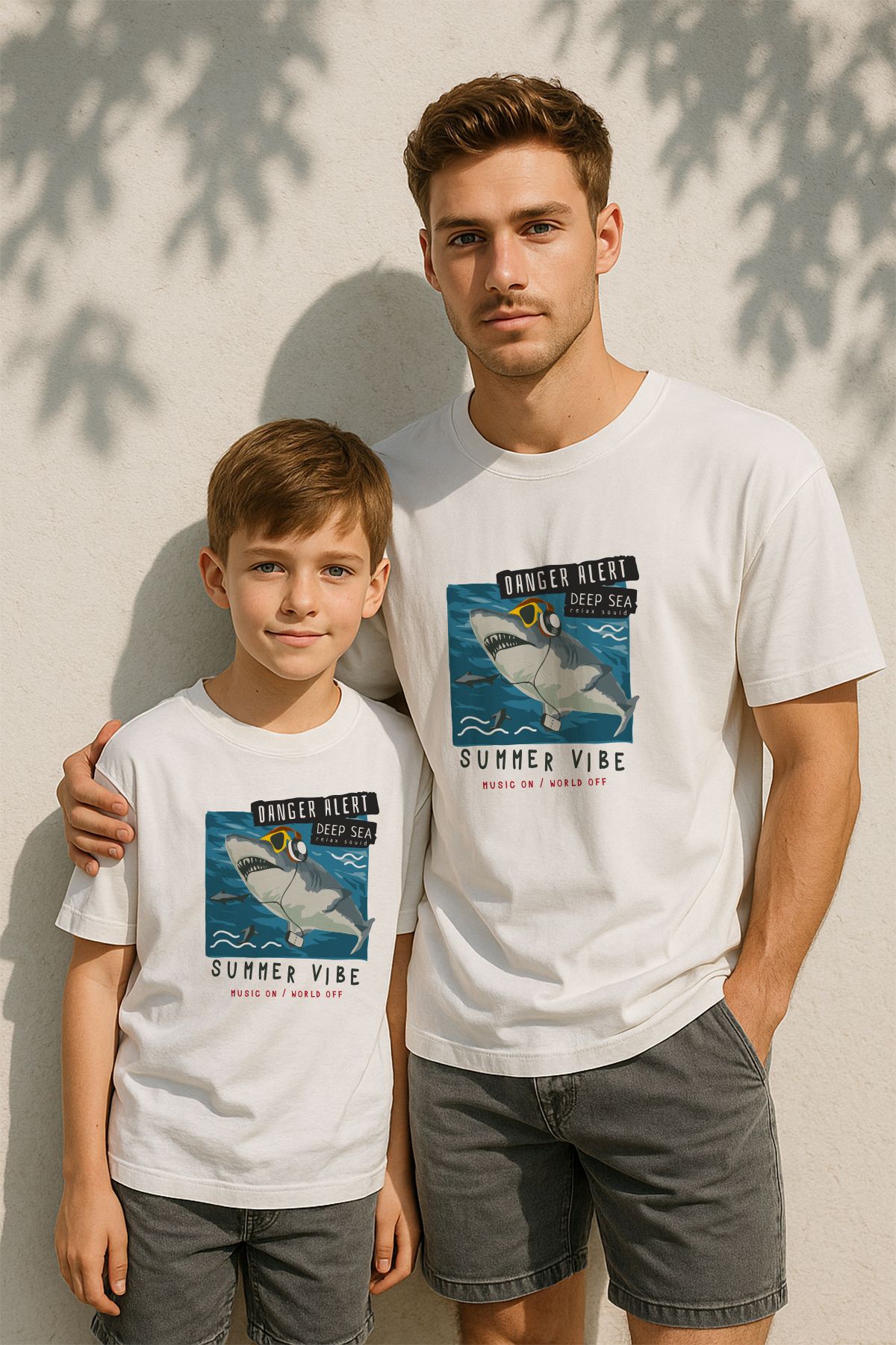 TARZ STİL Baba Oğul Uyumlu Summer Vibe Shark Baskılı Trend Tişört 16534