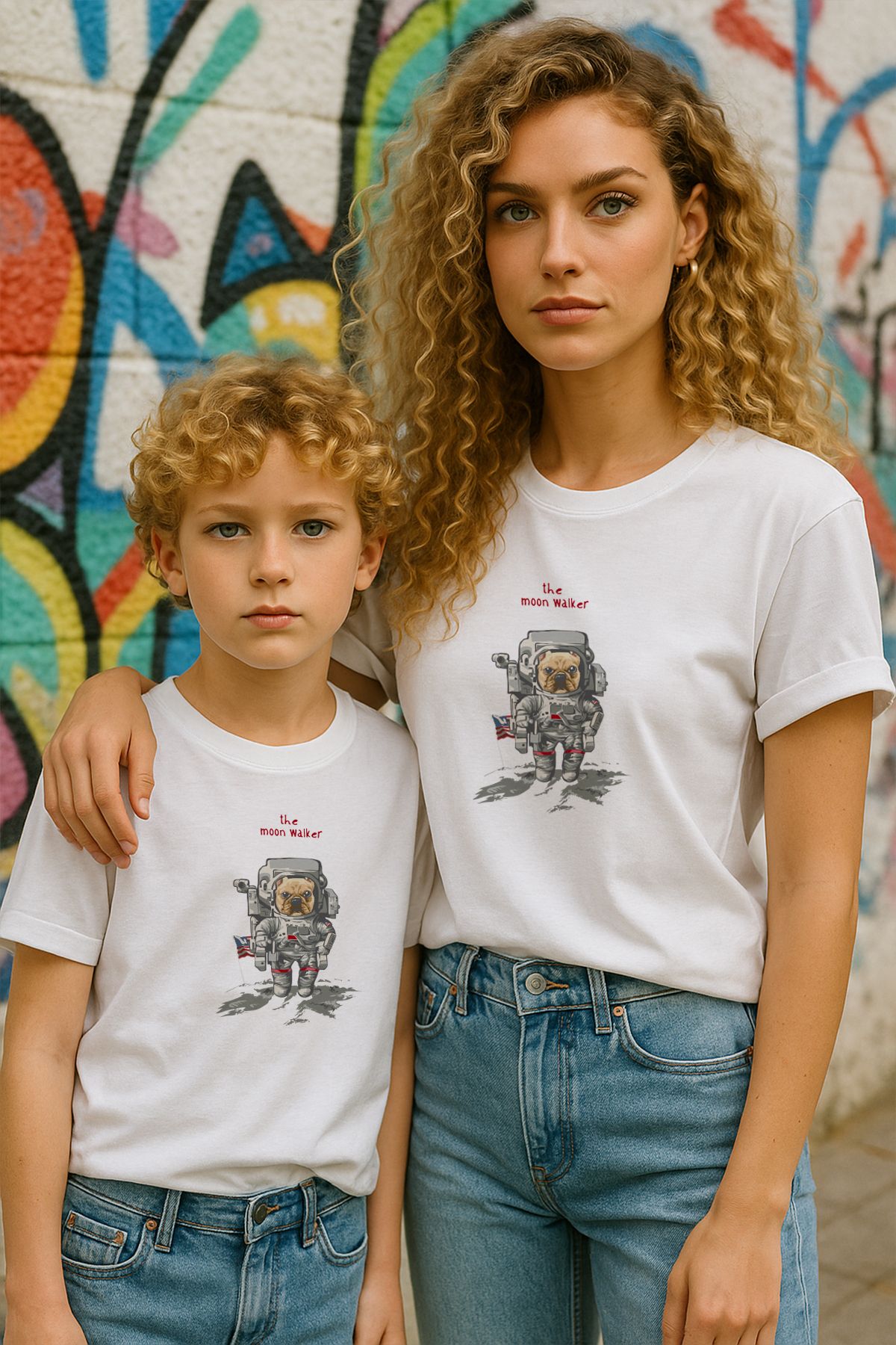 TARZ STİL Anne Oğul Uyumlu Moon Walker Dog Baskılı Trend Tişört 14772
