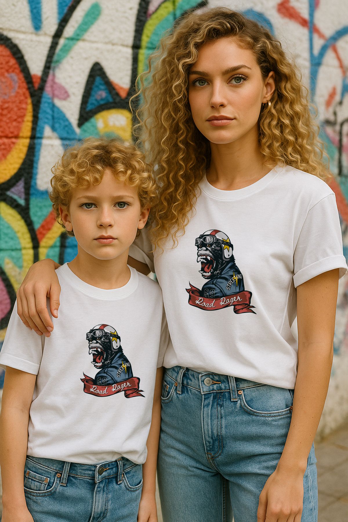 TARZ STİL Anne Oğul Uyumlu Race Monkey Baskılı Trend Tişört 13049
