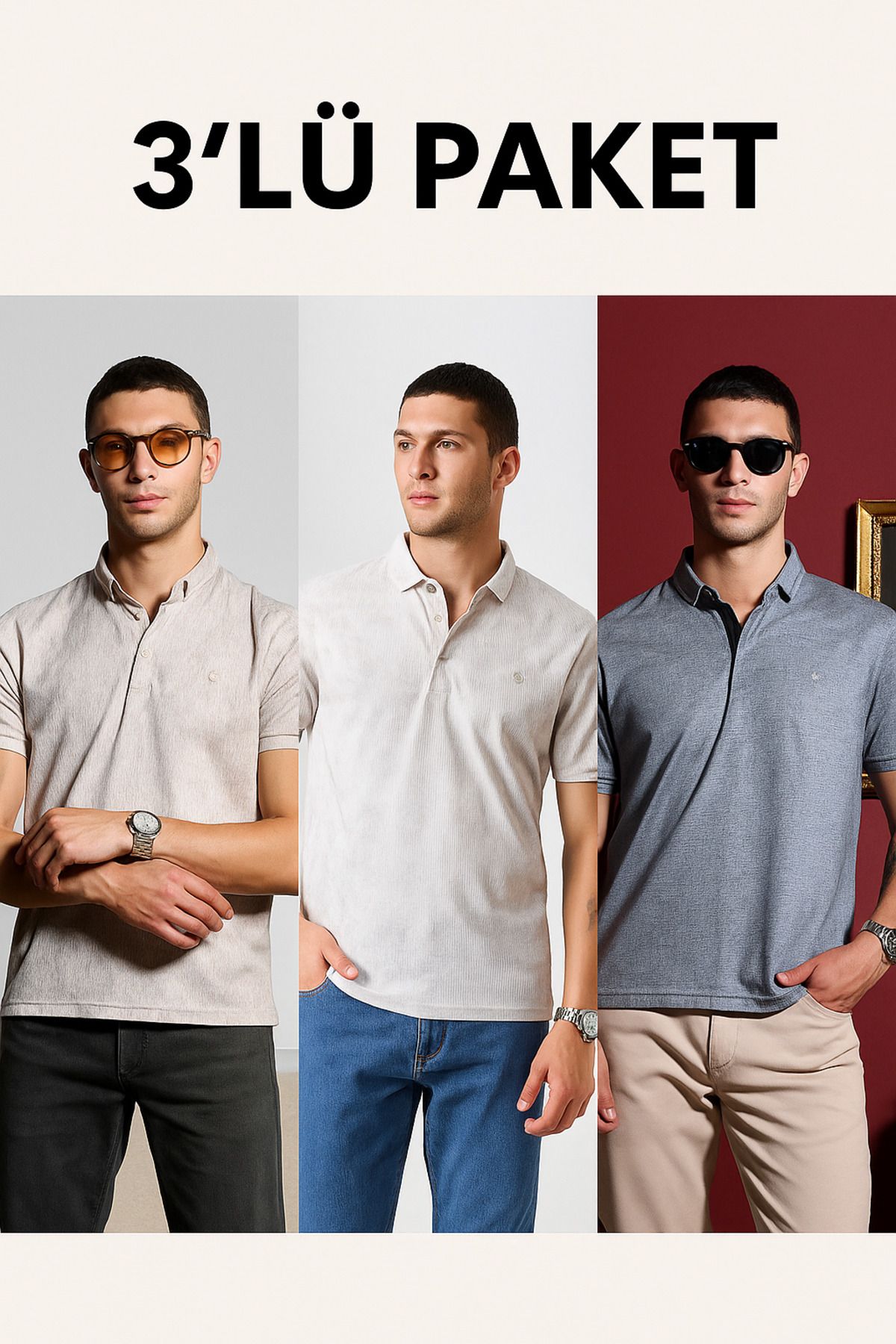 DAMGA JEANS Erkek 3'Lü Paket Kısa Kol Keten Polo Yaka Tişört