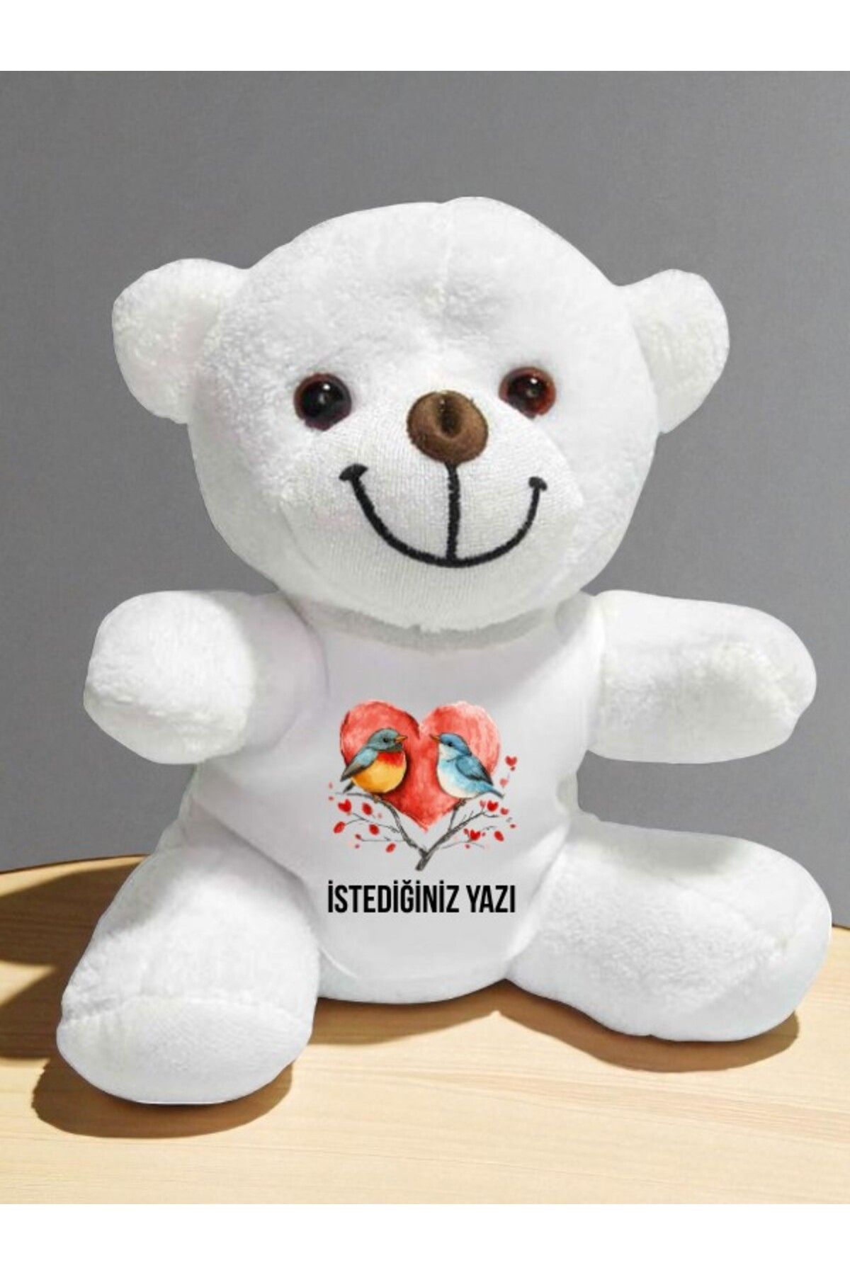 lili hediyelik Kalpli Kuş Temalı İstediğiniz Yazı Baskılı 20 cm Beyaz Peluş Ayıcık