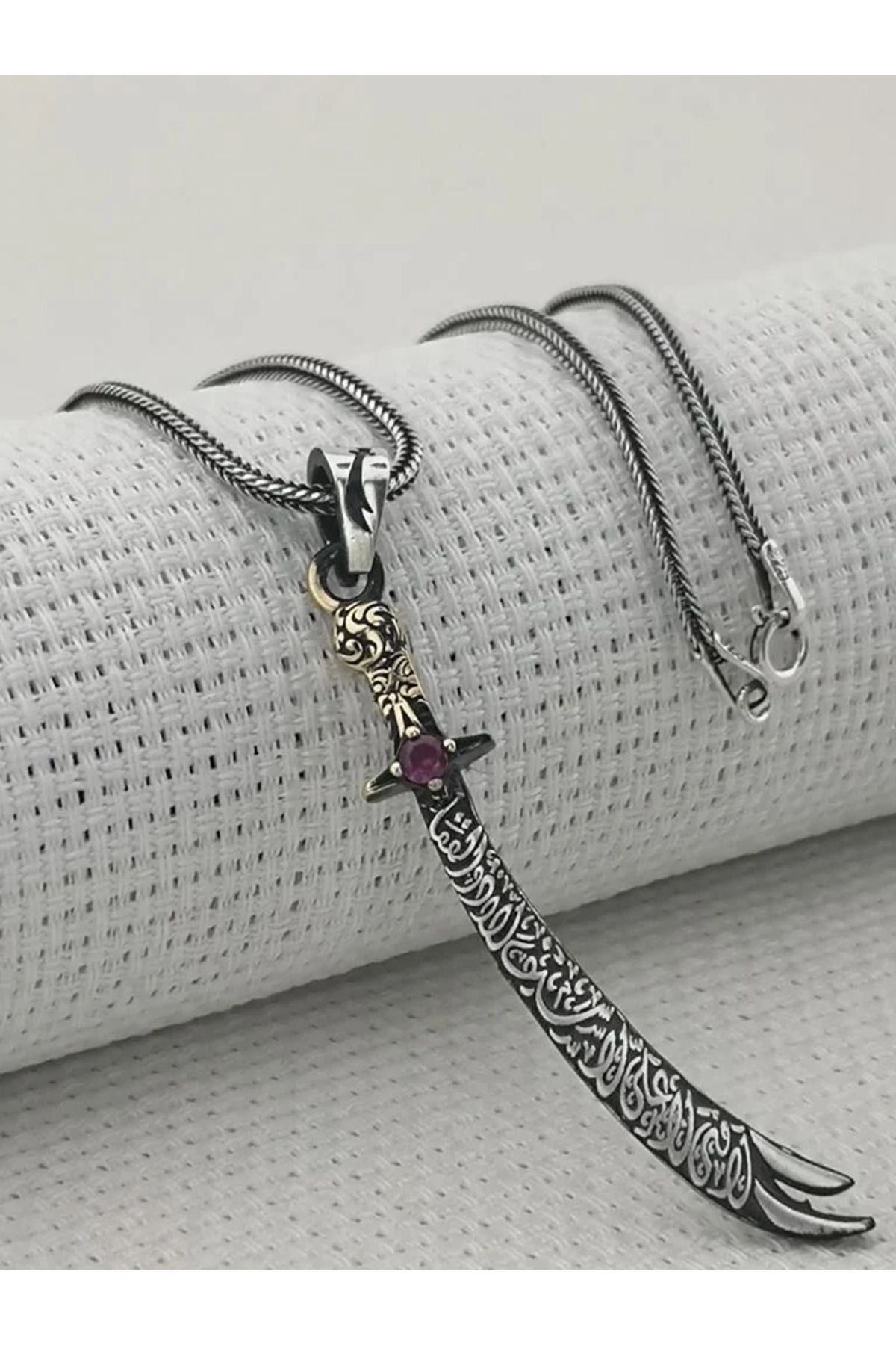 shop Kırmızı Taşlı La Fetta İlla Ali La Seyfe İlla Zülfikar Yazılı 925 Ayar Gümüş Erkek Kolye