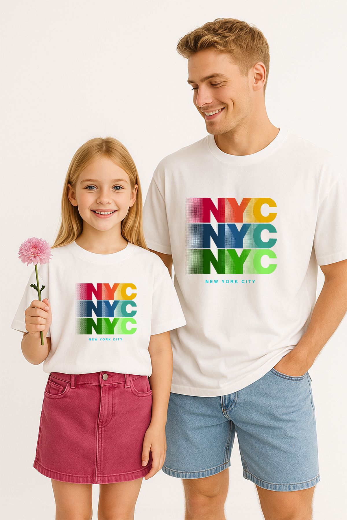 TARZ STİL Baba Kız Uyumlu Renkli NYC Baskılı Trend Tişört 13206