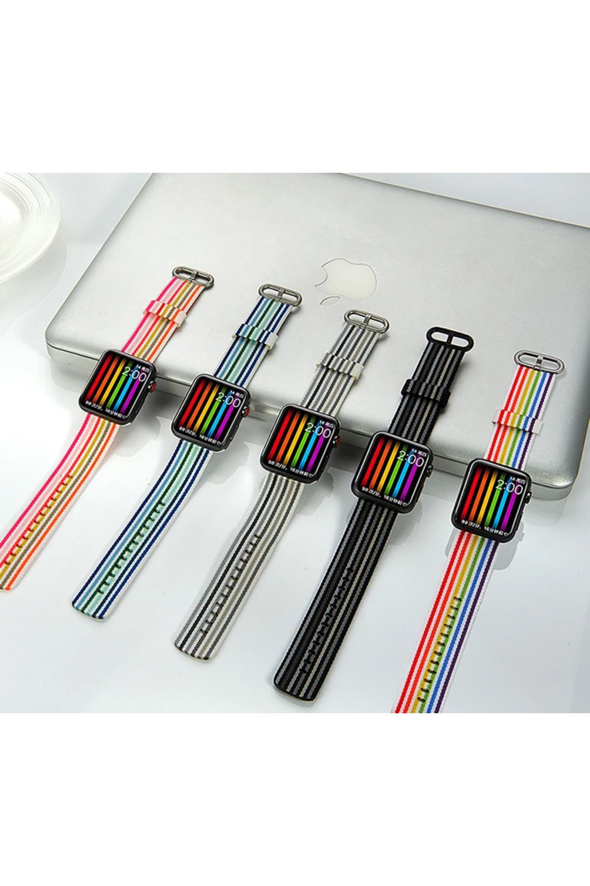 Marsilyan Ally Apple Watch 7-8 41mm 6-5-4 40mm Kayış Kordon Dokuma Çizgili Spor 3-2-1 38mm- - MCT7773-6553